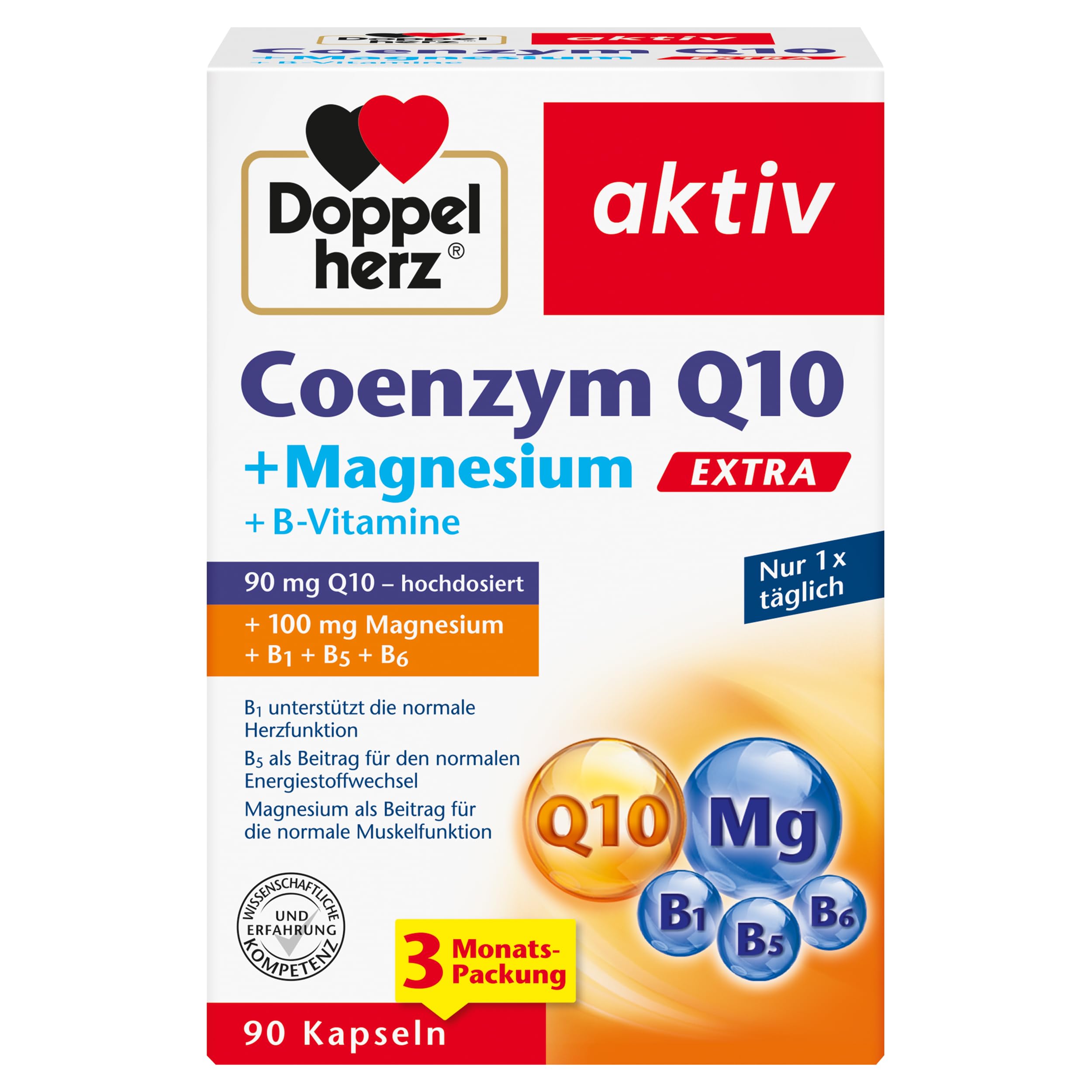 Doppelherz Coenzym Q10 + Magnesium EXTRA + B-Vitamine - 90 mg hochdosiert Coenzym Q10 Ubiquinon pro Tagesportion in einer Kapsel - 90 Kapseln