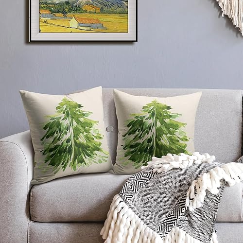 Miniatura 3 de Juego de 2 fundas de almohada de árbol de Navidad en acuarela de 18 x 18 pulgadas, diseño rústico de pino verde con estampado de pinos para
