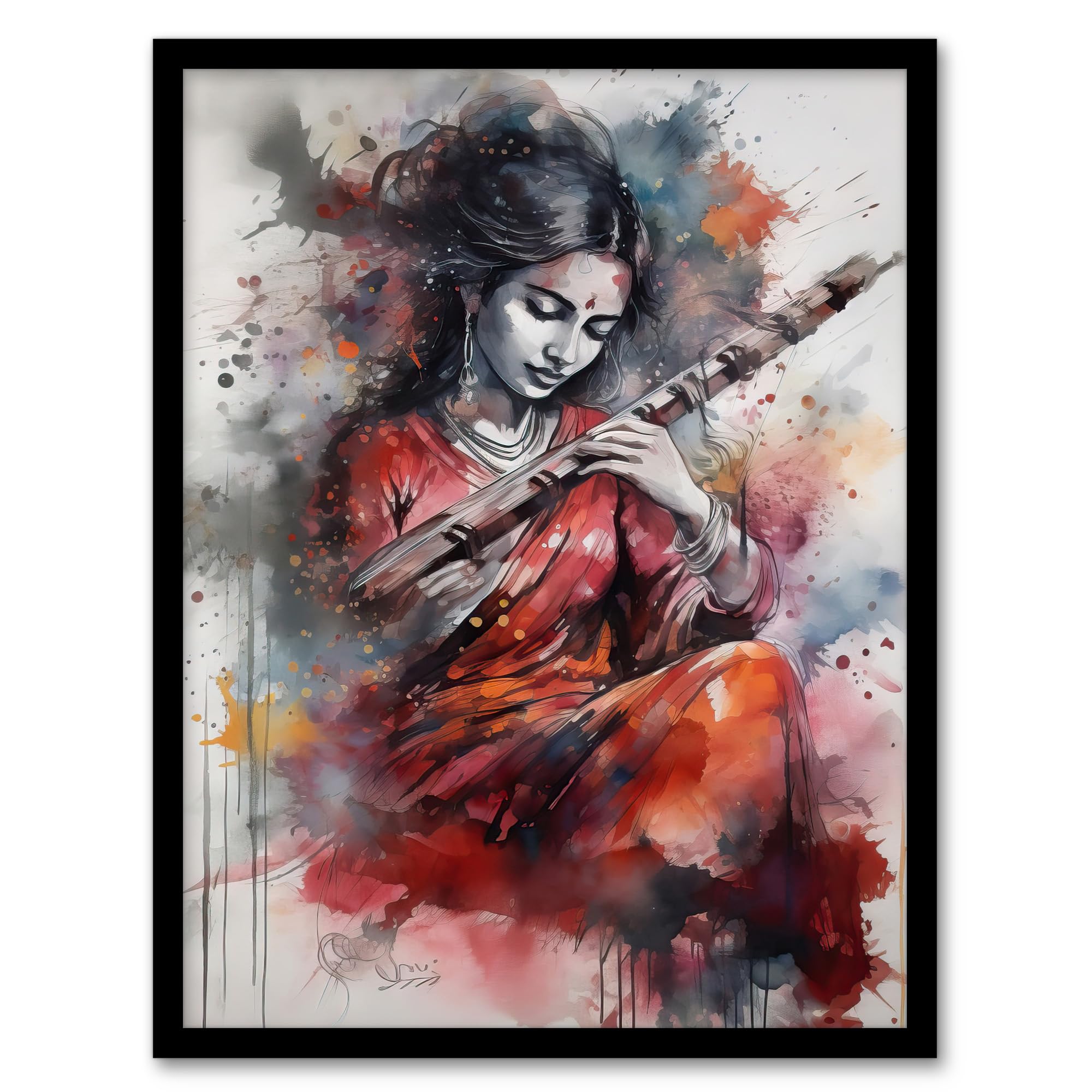 Artery8 Woman Playing Classical Indian Folk Music Watercolour Artwork Ragini Musician Portrait Artwork Framed Wall Art Print 18X24 Inch