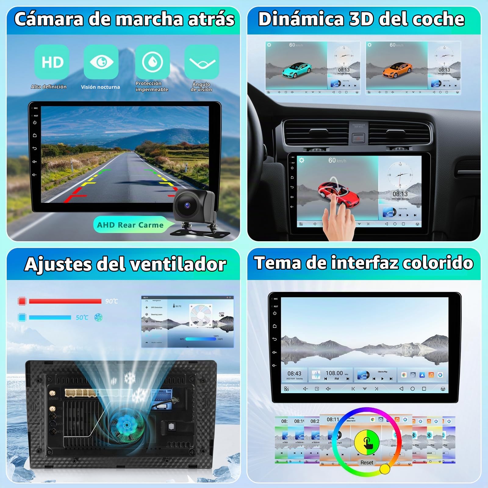 8 Núcleo 1.8GHz 4+64G Qualcomm Chipset 2 DIN Autoradio, 9" Android Radio Kabelloses Carplay/Android Auto Pantalla táctil con GPS/Bluetooth/SWC/FM/RDS/WiFi/USB Radio Receptor+Cámara Trasera