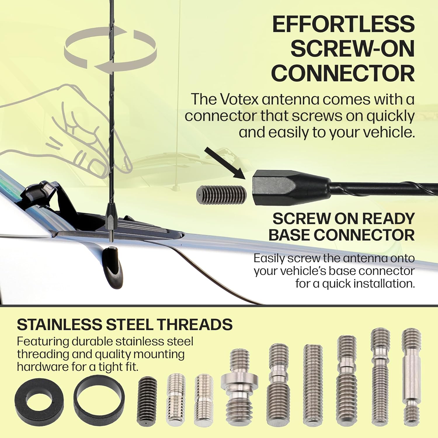 Votex - OEM Size 31 Inch Black Antenna - Spiral Wind Noise Cancellation - Spring Steel Construction - Stainless Steel Threading