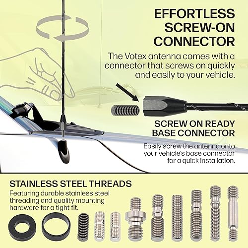 Miniatura 4 de Votex - Antena negra de 31 pulgadas tamaño OEM - Cancelación de ruido del viento en espiral - Construcción de acero para resortes - Roscado de acero