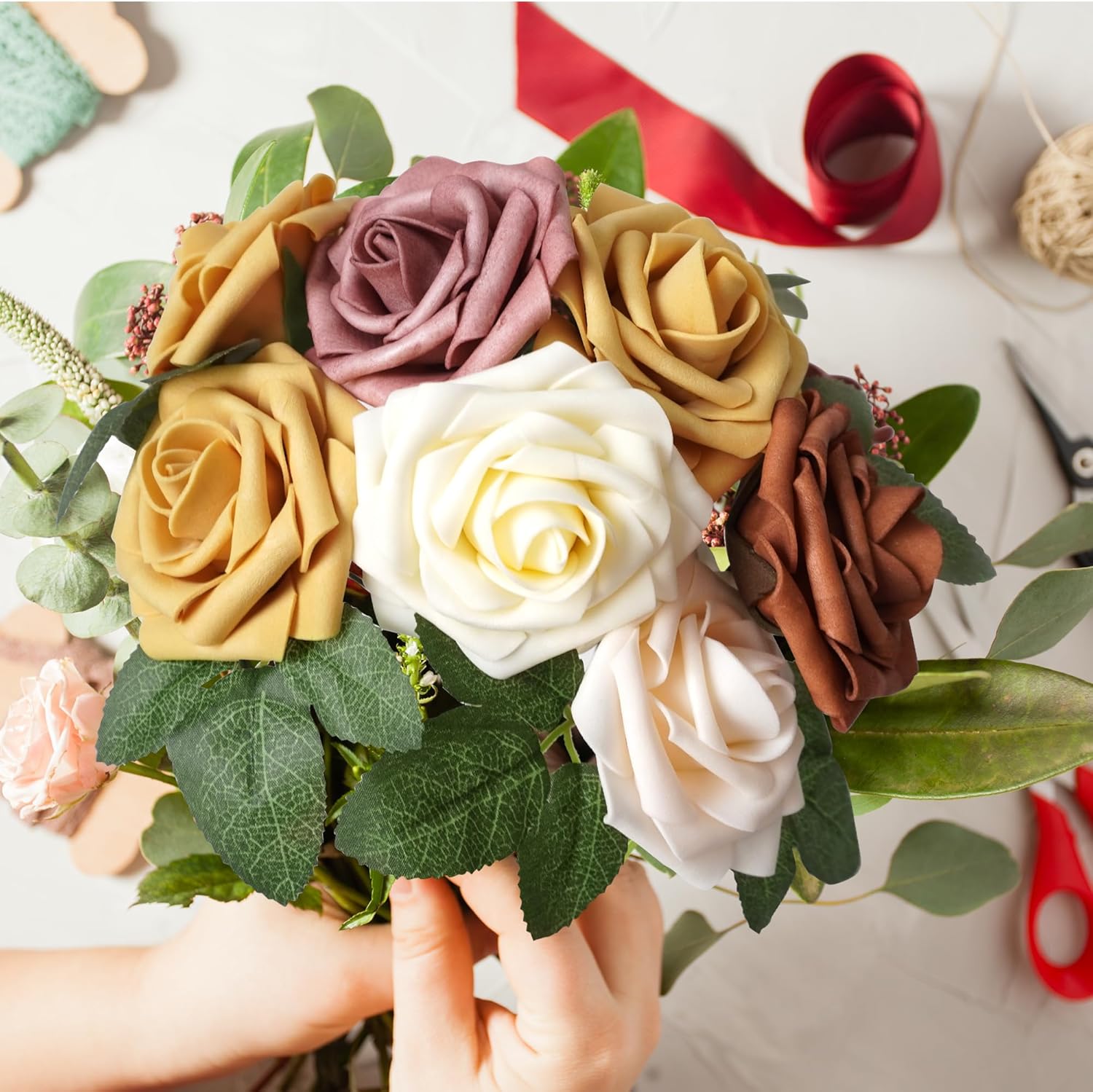 Artificial Flower Foam Rose 25pcs Real Looking Fake Rose with Stems Leaves for Home Decoration Party Garden Centerpieces DIY Wedding Bouquets（Shades of Burnt Orange Rose） - Image 7