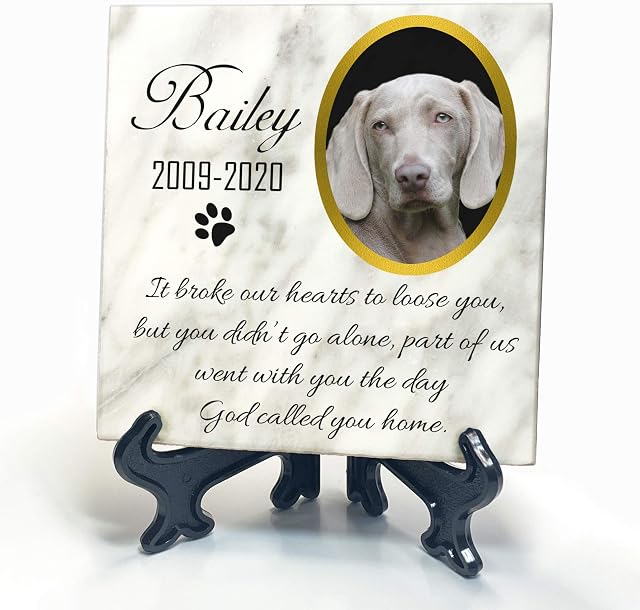 TULLUN Personalised Memorial White Marble Stone Plaque + Stand For Pet Cat Dog Frame Paw Grave Marker - Size |4" x 4" or 10 x 10 cm|- Photo