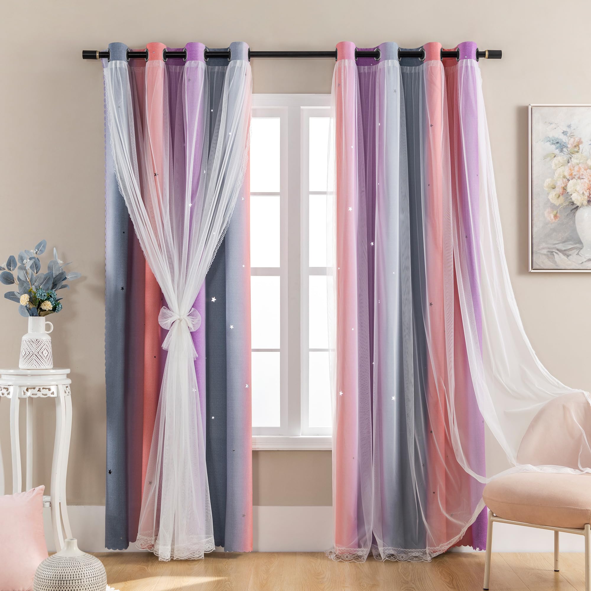 XiDi Girls Curtains for Bedroom 96 Inches Long 2 Panels Grey Pink Purple Rainbow Blackout Curtains for Little Girl Kids Room Decor Living Room, Princess Unicorn Wall Decals Drapes 52x96