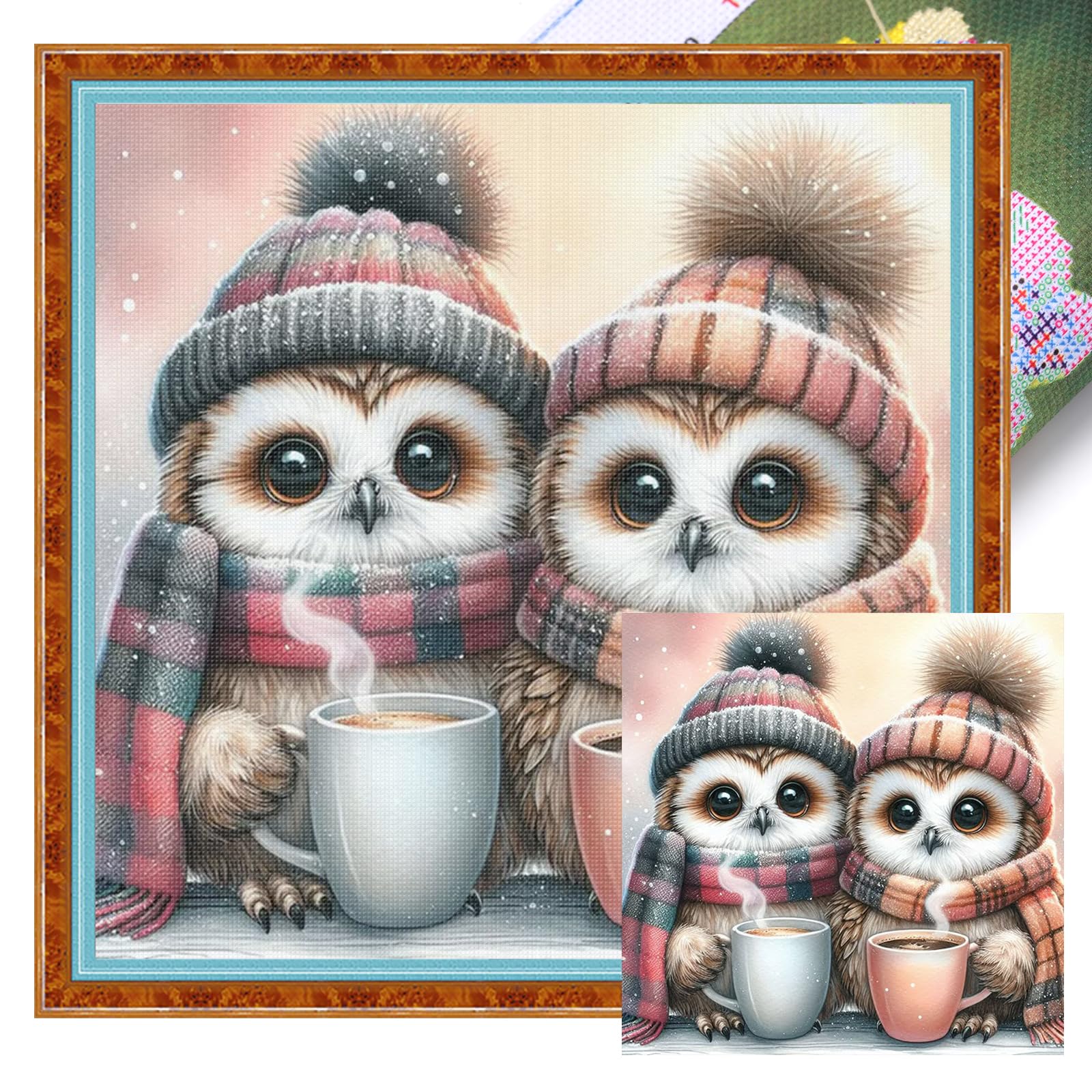 Poetrydraw 11Ctacc-11898__C__40x40 An Owl Drinking A Hot Drink Full 11Ct Diy Stamped Cross Stitch Kits 40X40cm (11Ctacc-11898 C 40X40)