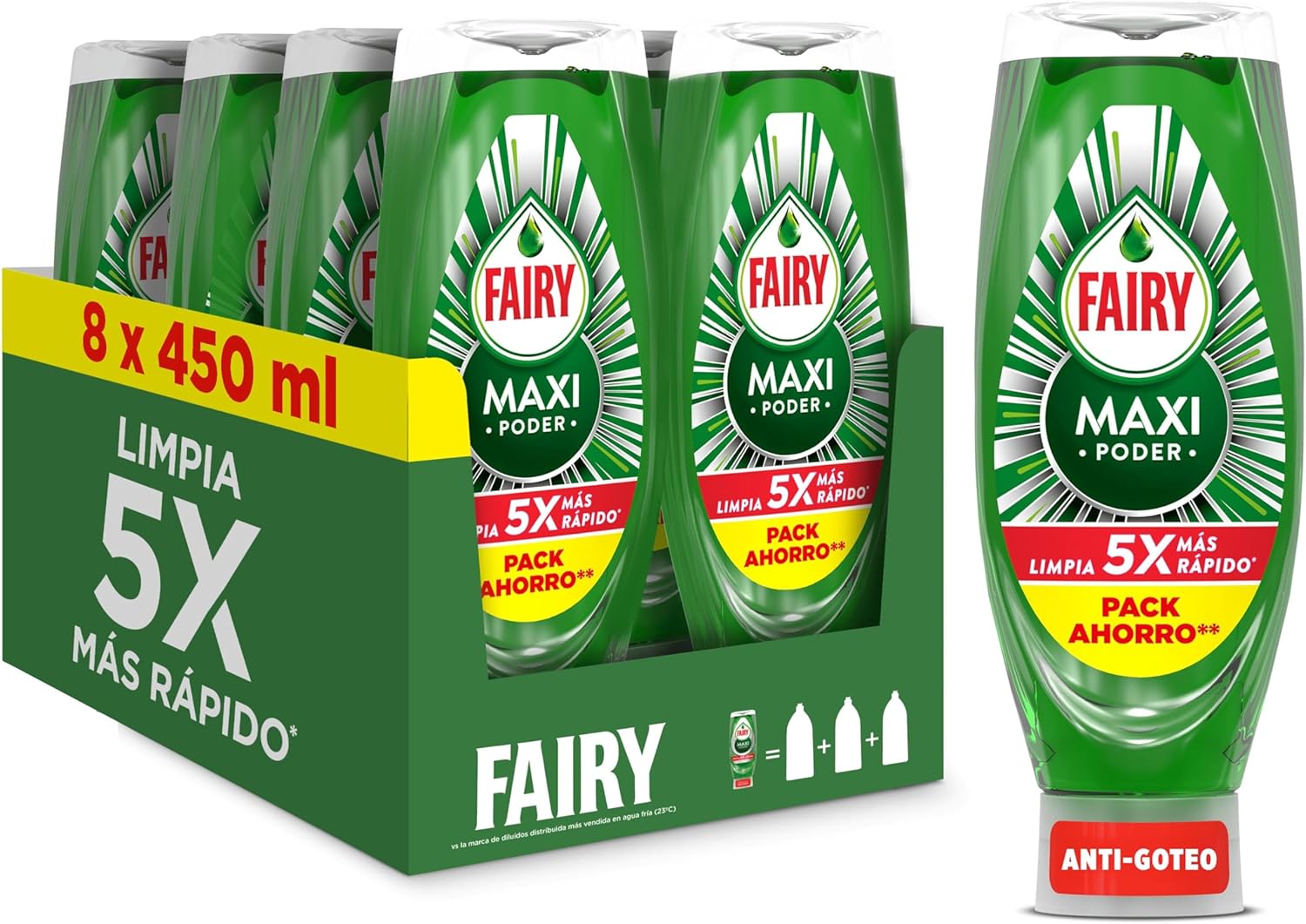 Fairy Maxi Poder Lavavajillas 3.6L 1 Fairy Maxi Poder Lavavajillas Liquido a Mano, 3,6 L (8 x 450 ml), Con Poder Antigrasa, Limpieza Facil Platos, Ollas Y Sartenes Mas Grasientas