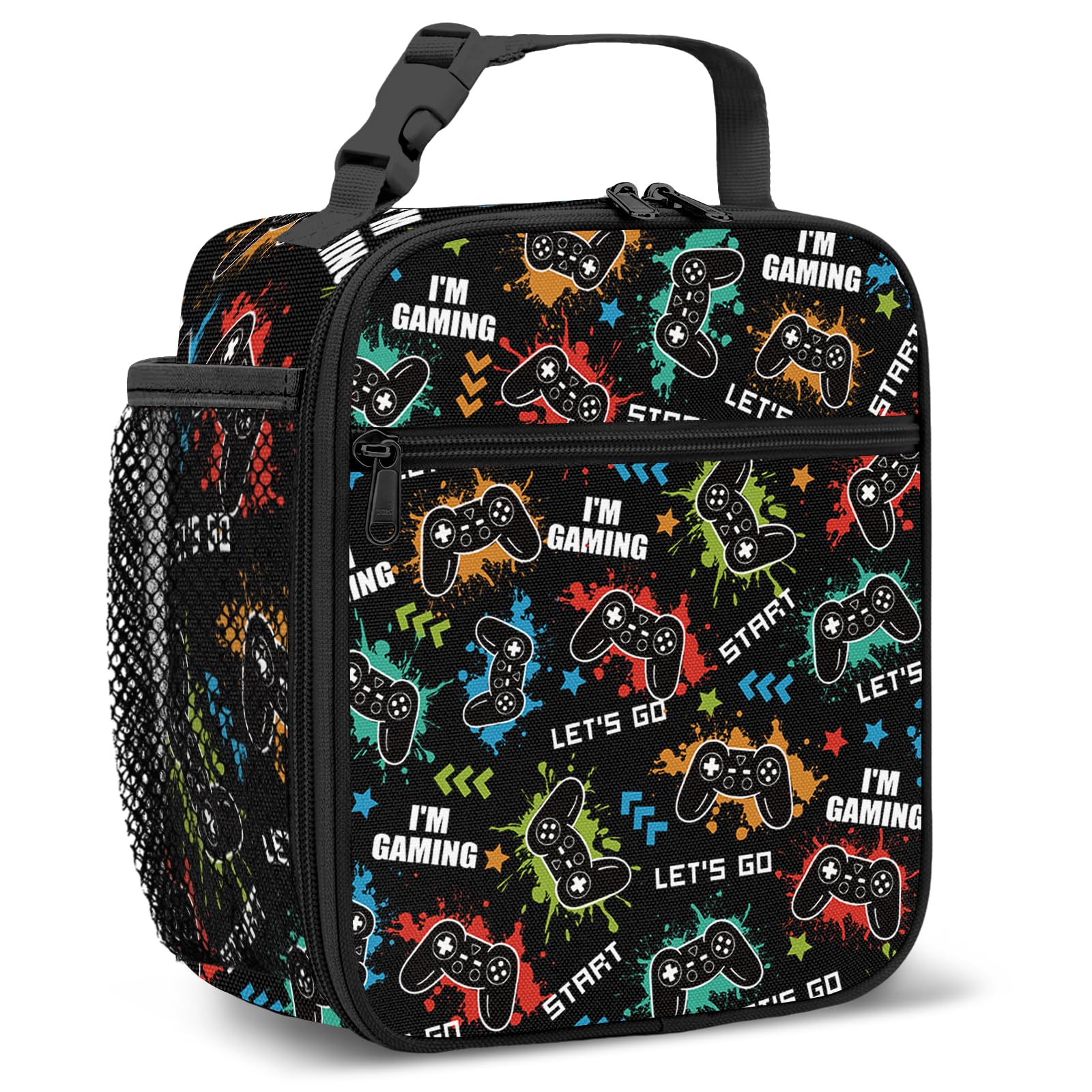 NEIUJADK Gamer Insulated Lunch Bag for Boys, Game Controller Print Reusable Lunch Box, Portable Handheld Lunch Tote with Multiple Pockets for School Travel