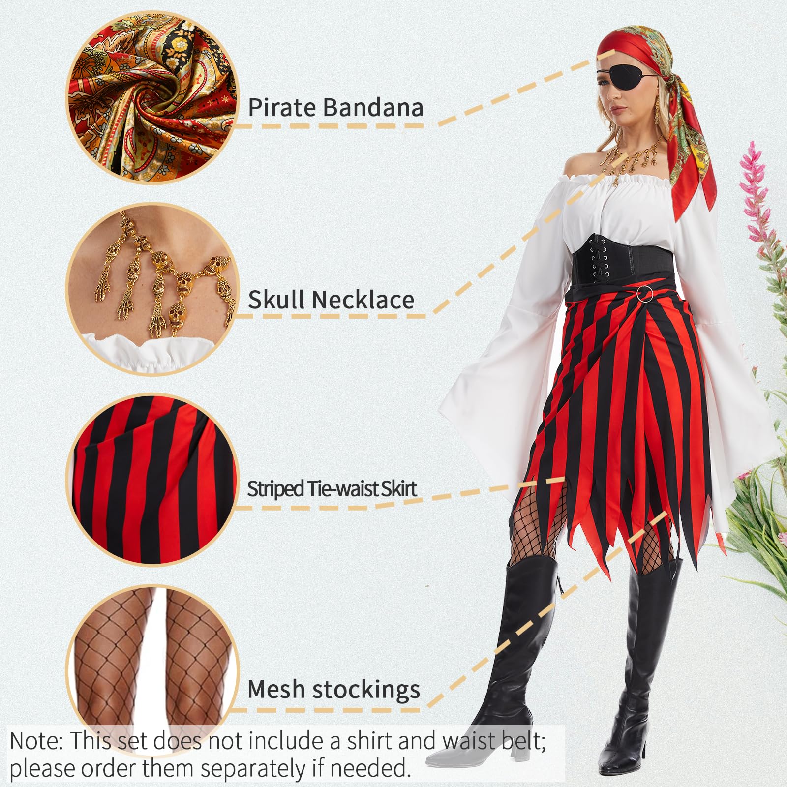 MVFEUIJ Women's Pirate Costume Accessory Set, Ladies Pirate Fancy Dress Accessories with Skirt, Headscarf, Eye Patch - Image 3