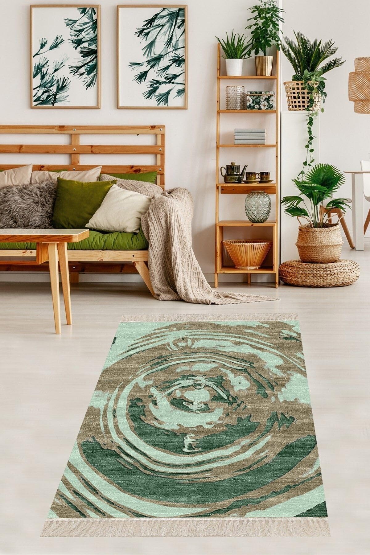 Pelangi Damla Desenli Dijital Baskı Yıkanabilir Kaymaz Taban Leke Tutmaz Modern Salon Halı Ve Yolluk, Yeşil 80 x 300