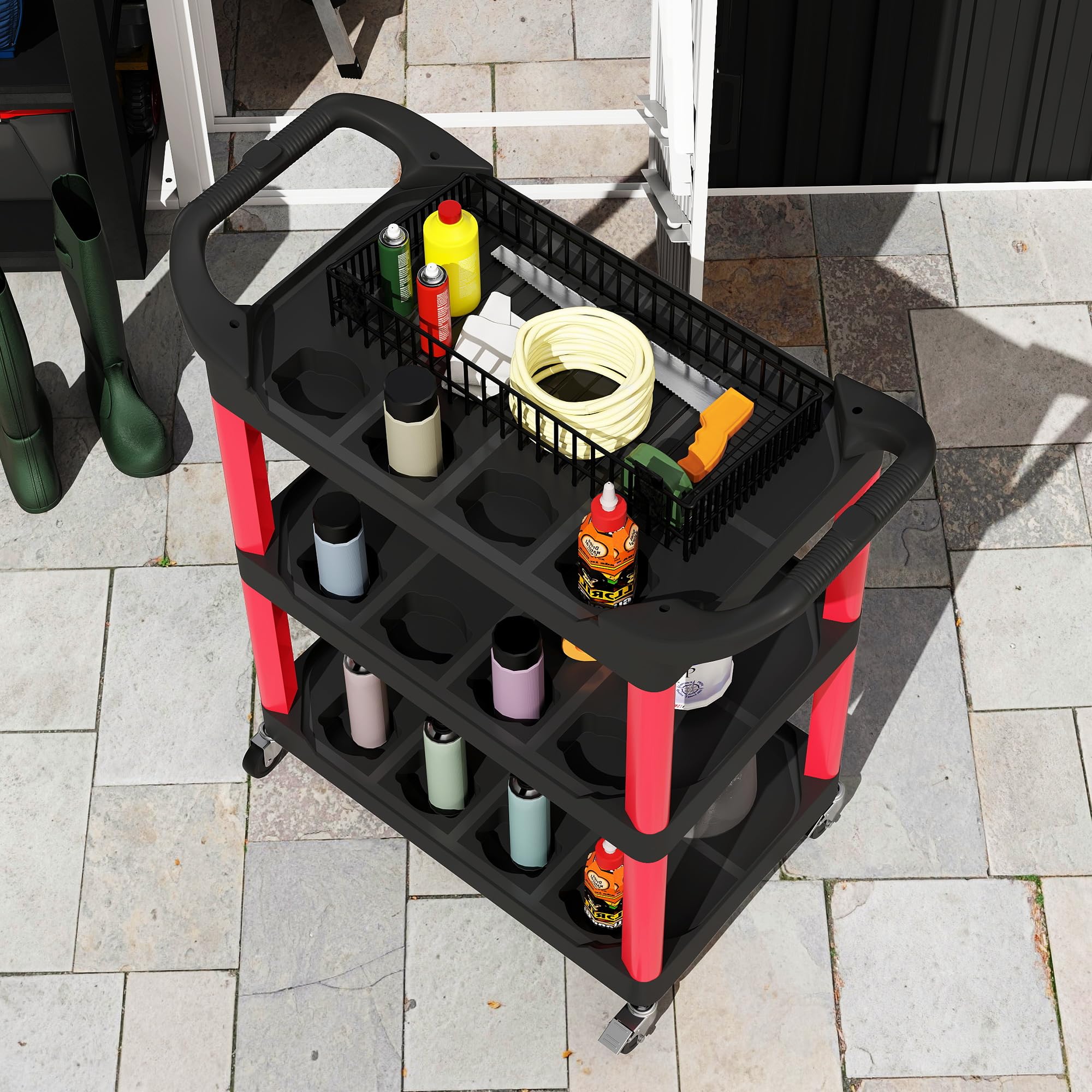 HOMCOM Chariot d'atelier servante Atelier Chariot à Outil à 3 Niveaux avec poignée latérale, desserte Atelier pour Garage, entrepôt, Outils de Bricolage, Charge 91 Kg, 83 x 43 x 97 cm, Noir et Rouge