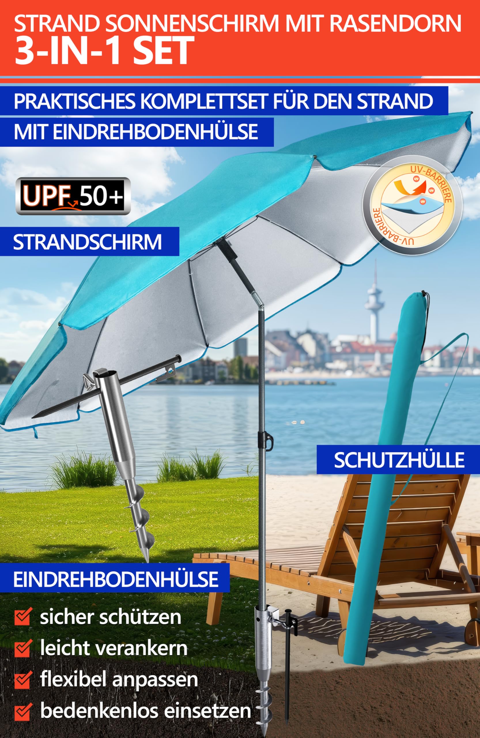 4smile Sonnenschirm Strand Set 3-in-1, Ø 180 cm Strandschirm Windfest Stabil mit Schirmhülle & Eindrehbodenhülse, Sonnenschirm mit Bodendübel, Sonnenschutz Strand, UV Schutz 50+, Fb. Türkis