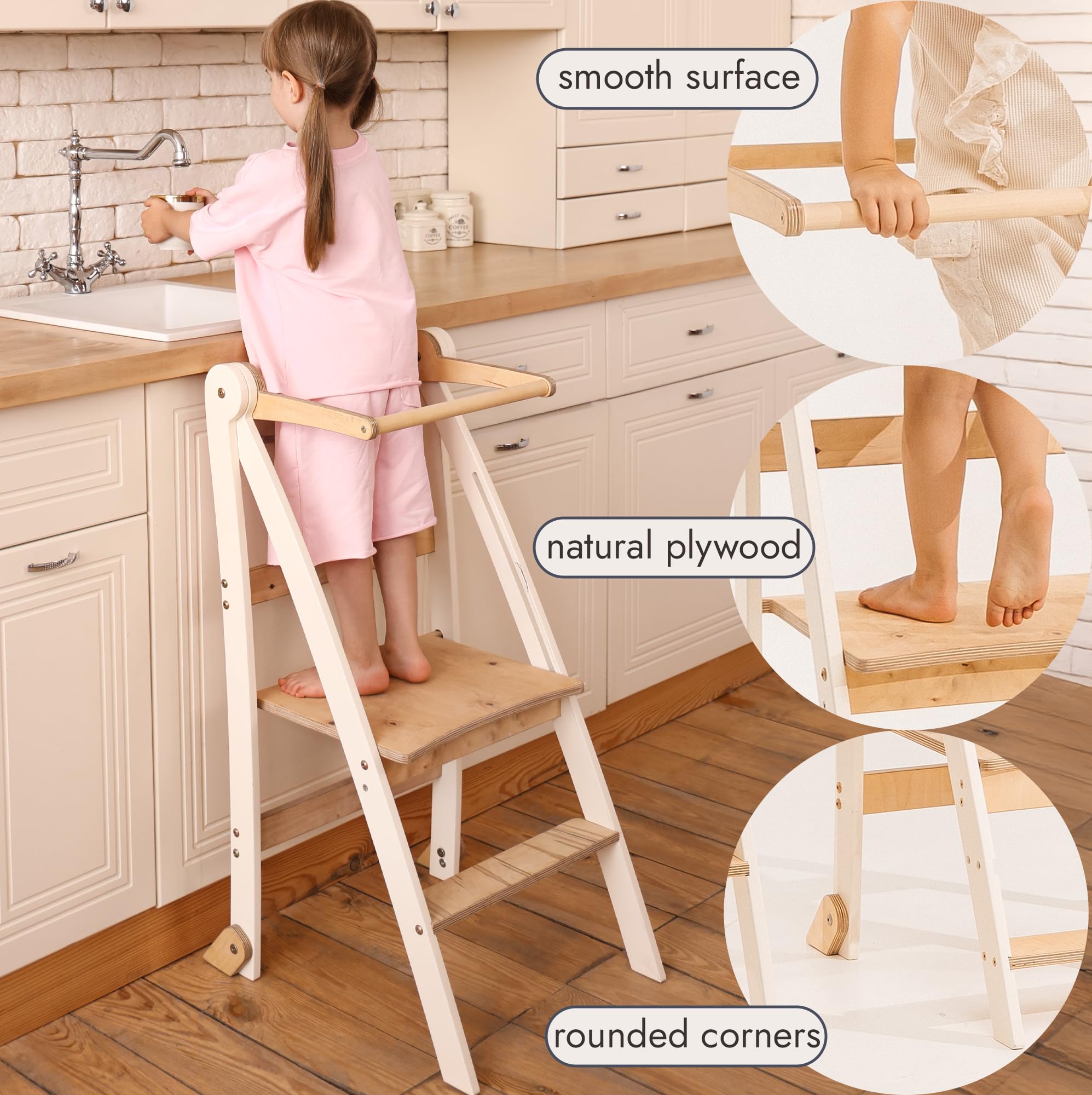 Montessori Learning Tower de madera – Torre de aprendizaje plegable para niños – Ahorro de espacio – Antideslizante – Taburete para cocina y baño – Diseño delgado