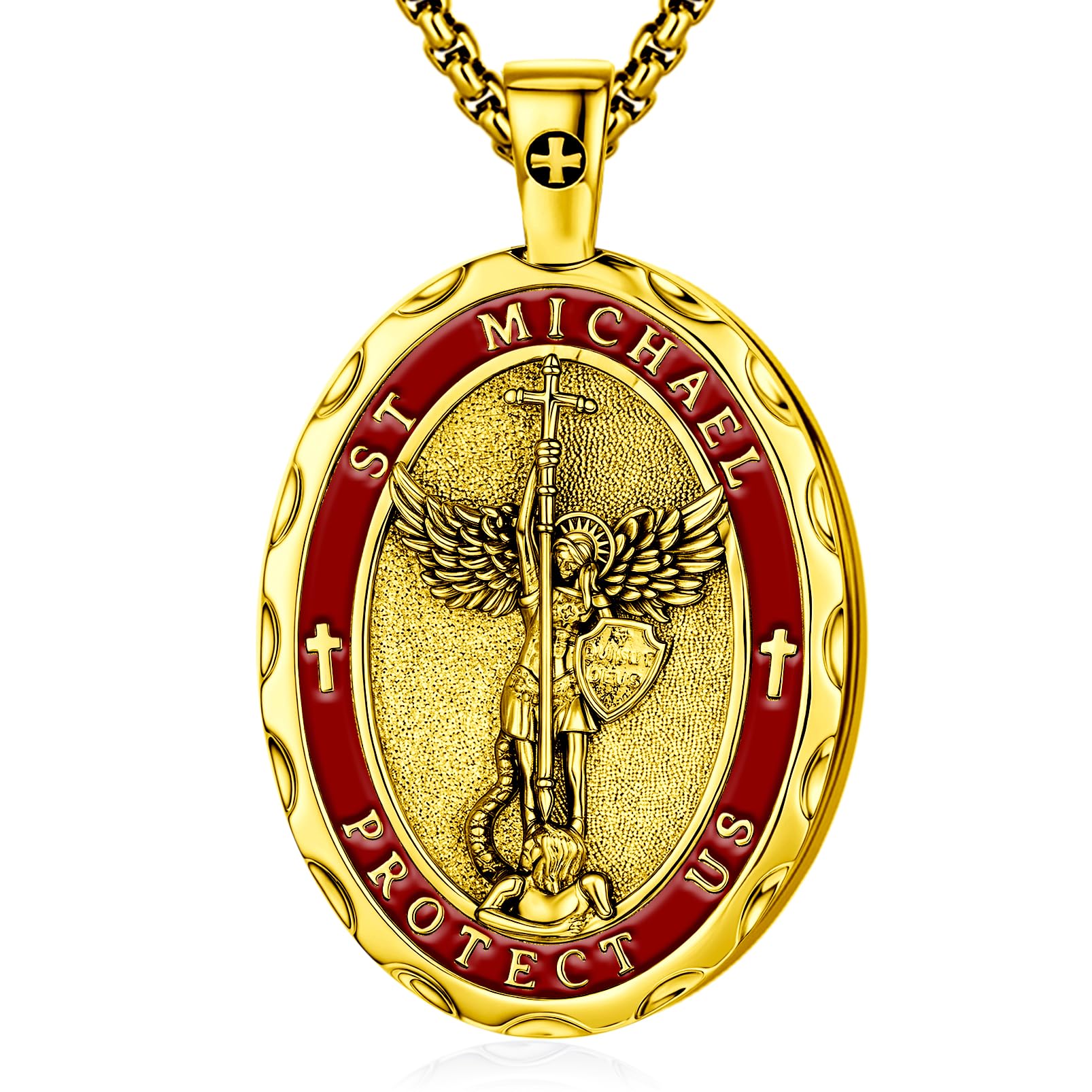 Collana con ciondolo di San Michele, placcata in oro 24 carati con smalto rosso, catena da 50 cm, medaglia di protezione religiosa, forma ovale