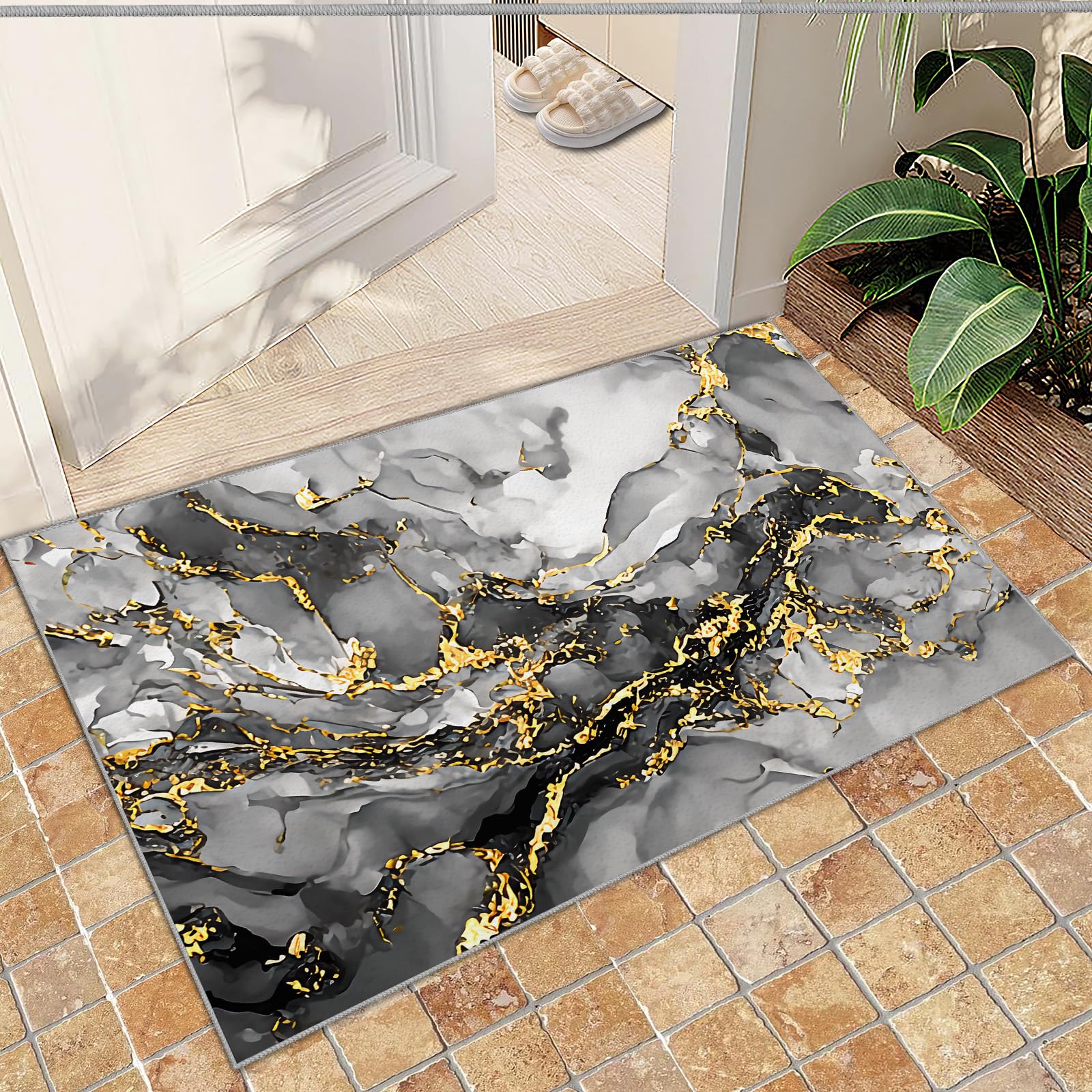 QDJKBL Luxurious Black Gold Abstract Marble Texture, Entrance Rug 60 X 140 Cm Modern Gradient Color Crack Lines Doormats, Entrance Carpet Do Not Fade for Entryway