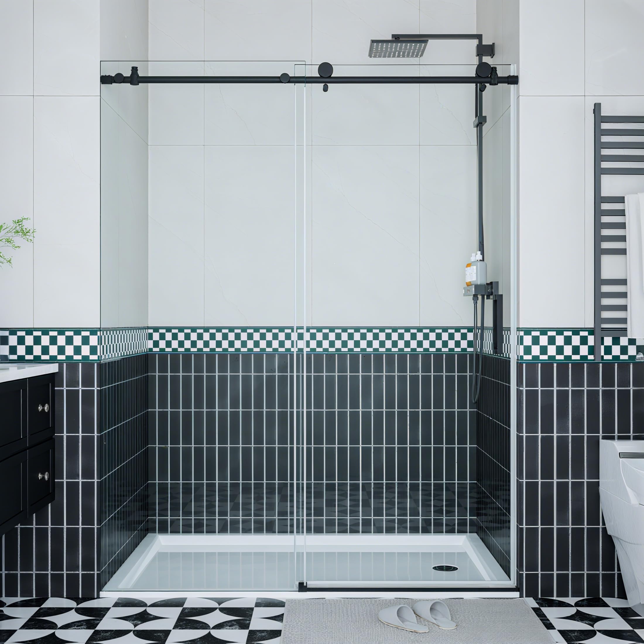 Glass Shower Door, Sliding Frameless Shower Door Design 44-48" Adjustable Width x 72" H, 1/4" Tempered Safety Glass with Stainless Steel Handle, Matte Black, Stylish Bathtub and Shower Enclosure