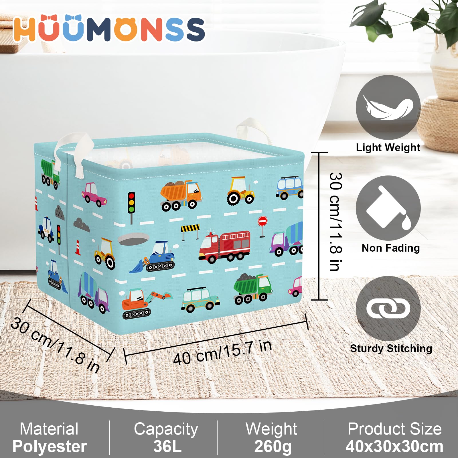 Grand Corbeille a Linge Voitures de Dessins Animés Repliable Panier Rangement Jouets Vêtements pour Maison,Camion de pompiers,36L