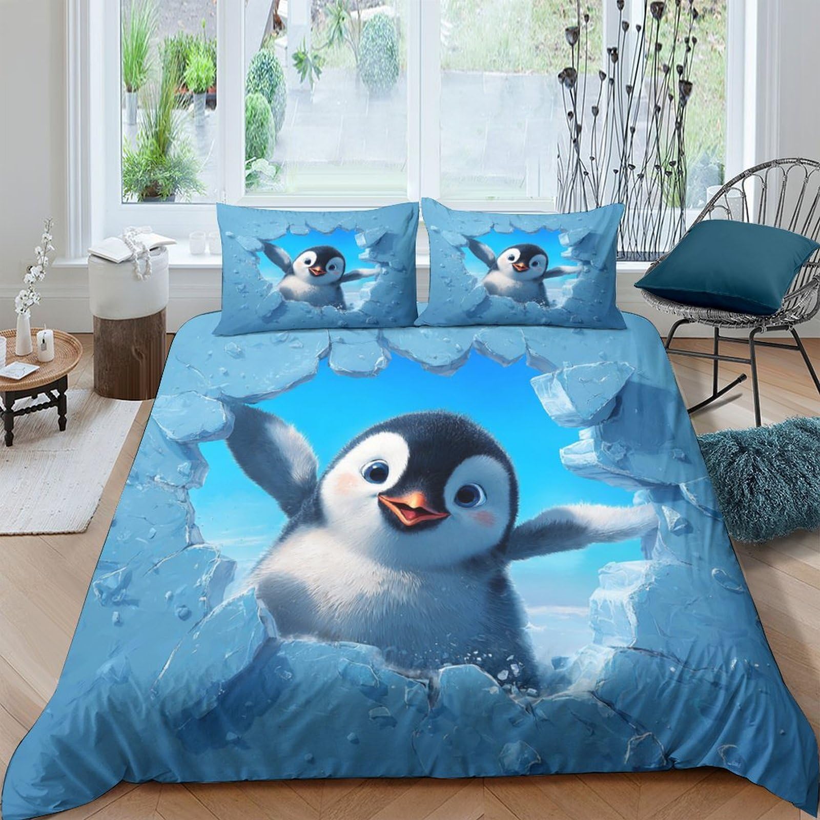 Ctjqhvkz Style-1 3D Printed Cute Penguin Fitted Sheet Microfiber Bedroom Dorm Decor Blue Ice Mattress Cover Easy Care Single（135X200cm）