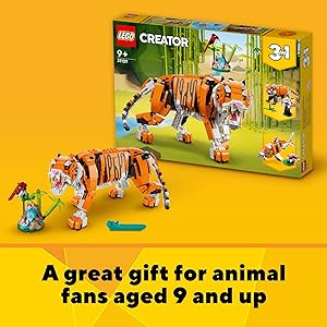 LEGO Creator 3 in 1 Majestic Tiger Building Set, Transforms from Tiger to Panda or Koi Fish Set, Animal Figures, Collectible Building Toy, Gifts for Kids, Boys & Girls 9 Plus Years Old, 31129