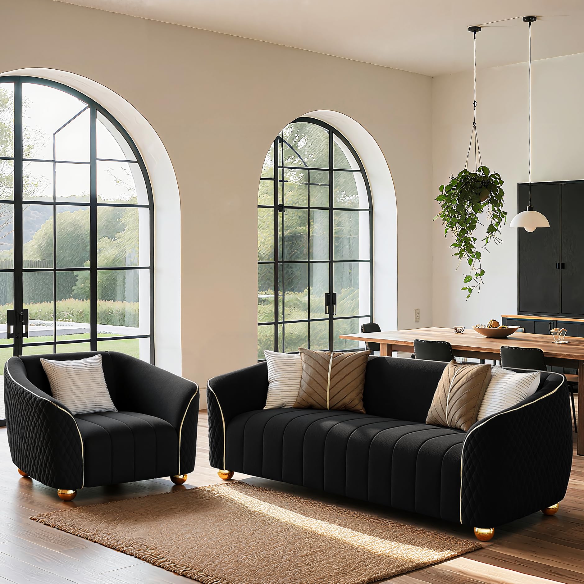 3 Seater Curved Velvet Sofa Couch Set of 2 for Living Room, 86" Luxury Retro Comfy Upholstered Sectional Sofa Couch and Armchair with Gold Metal Legs