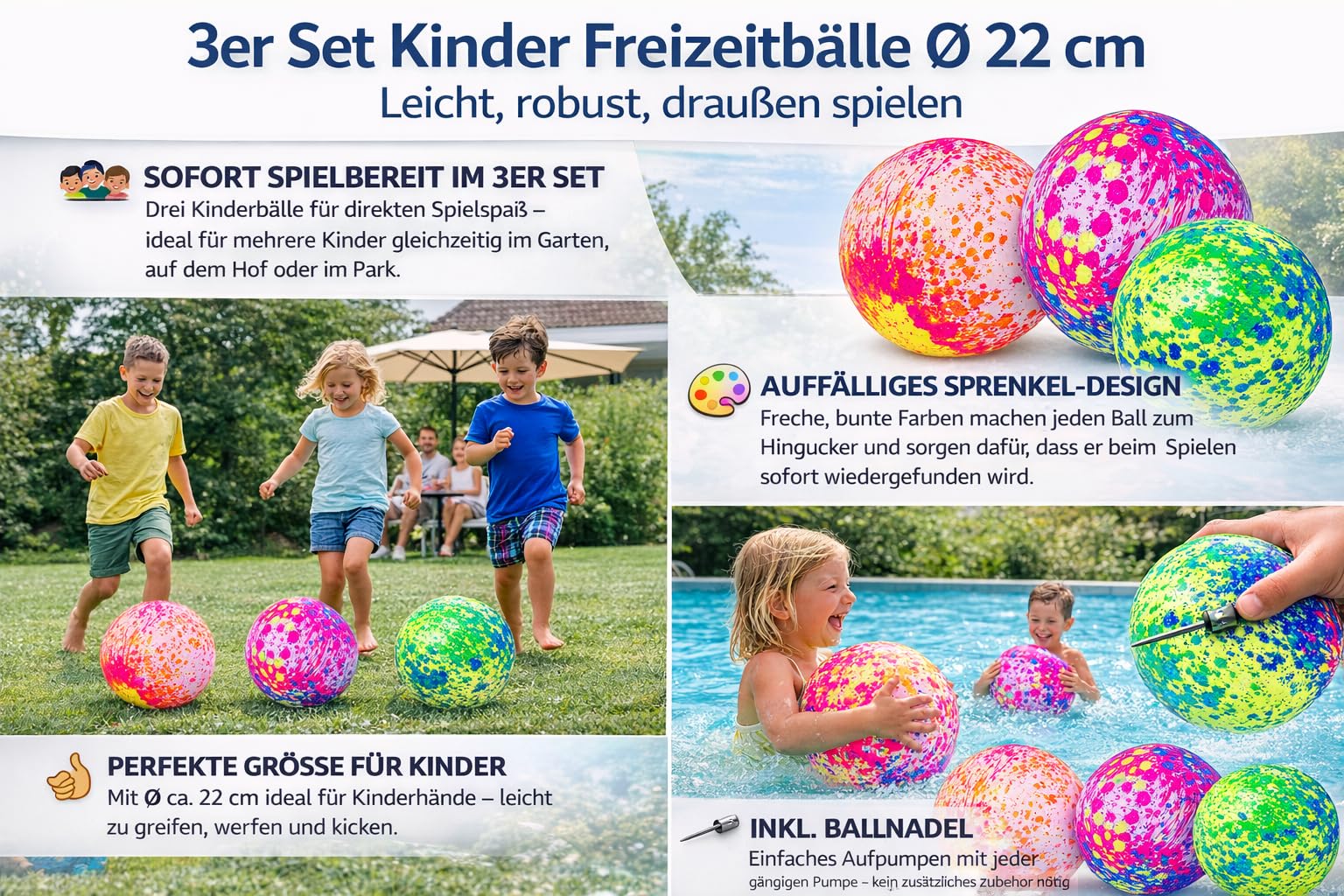 3er Set Kinderbälle Ø 22 cm – Leichte Freizeitbälle für Garten & draußen – Bunt gesprenkeltes Design – inkl. Ballnadel