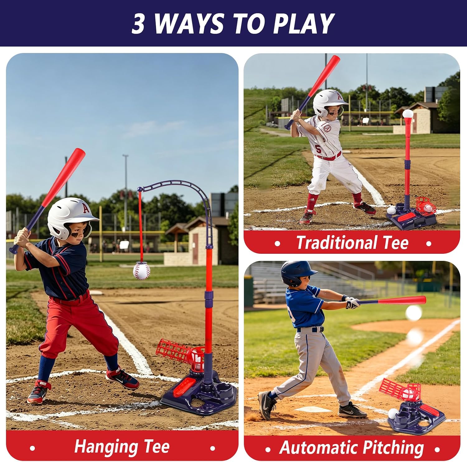 3-in-1 Baseball Training Set Adjustable Baseball Tee with Auto Ball Launcher Solo Baseball Practice Training Equipment & Batting Practice for Youth Equipment Batting Practice