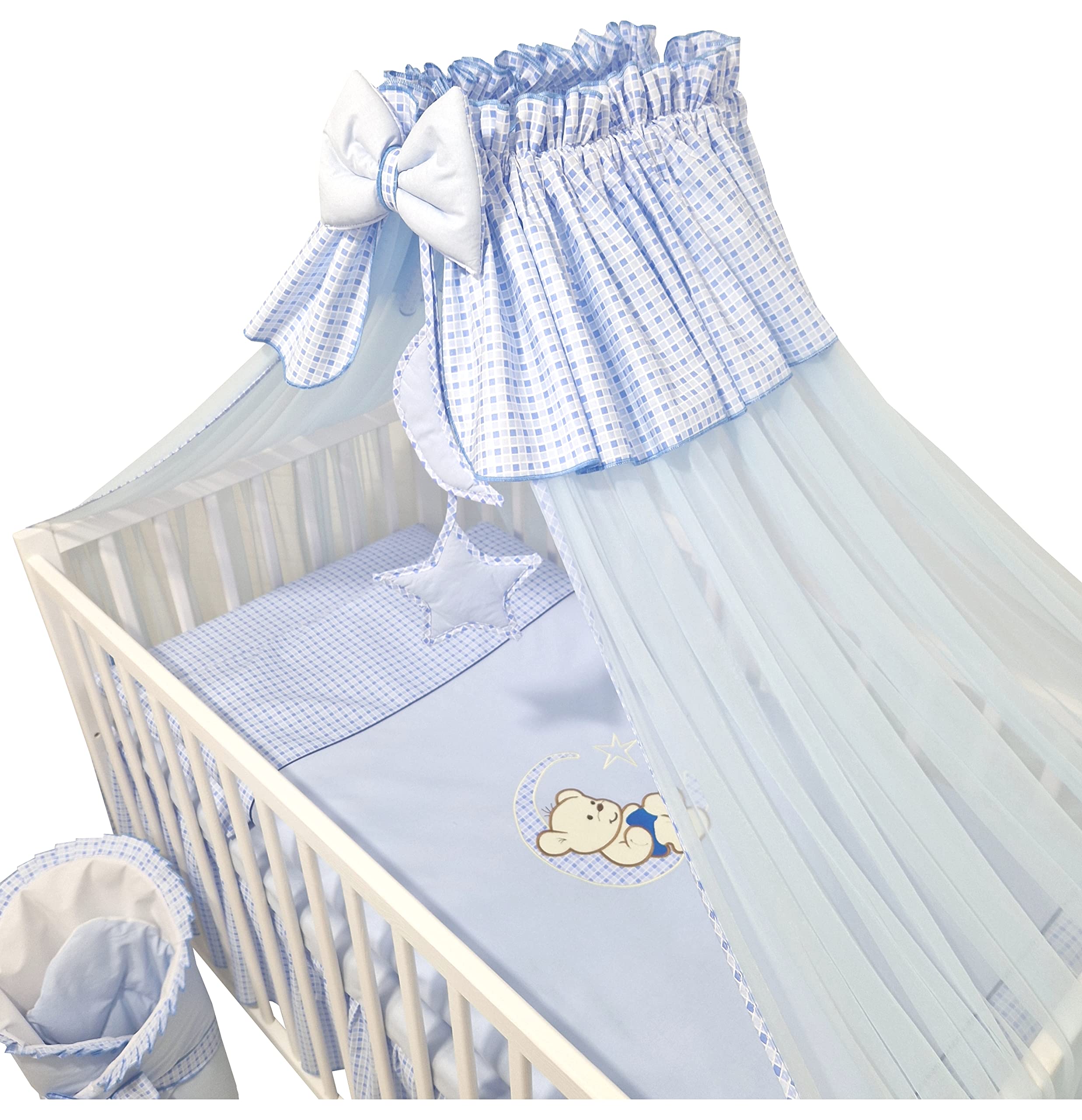 Juego Completo de 14 Piezas de Ropa de Cama de bebé sin Cama Bordado con Osito en la Luna Azul (100x135 cm)