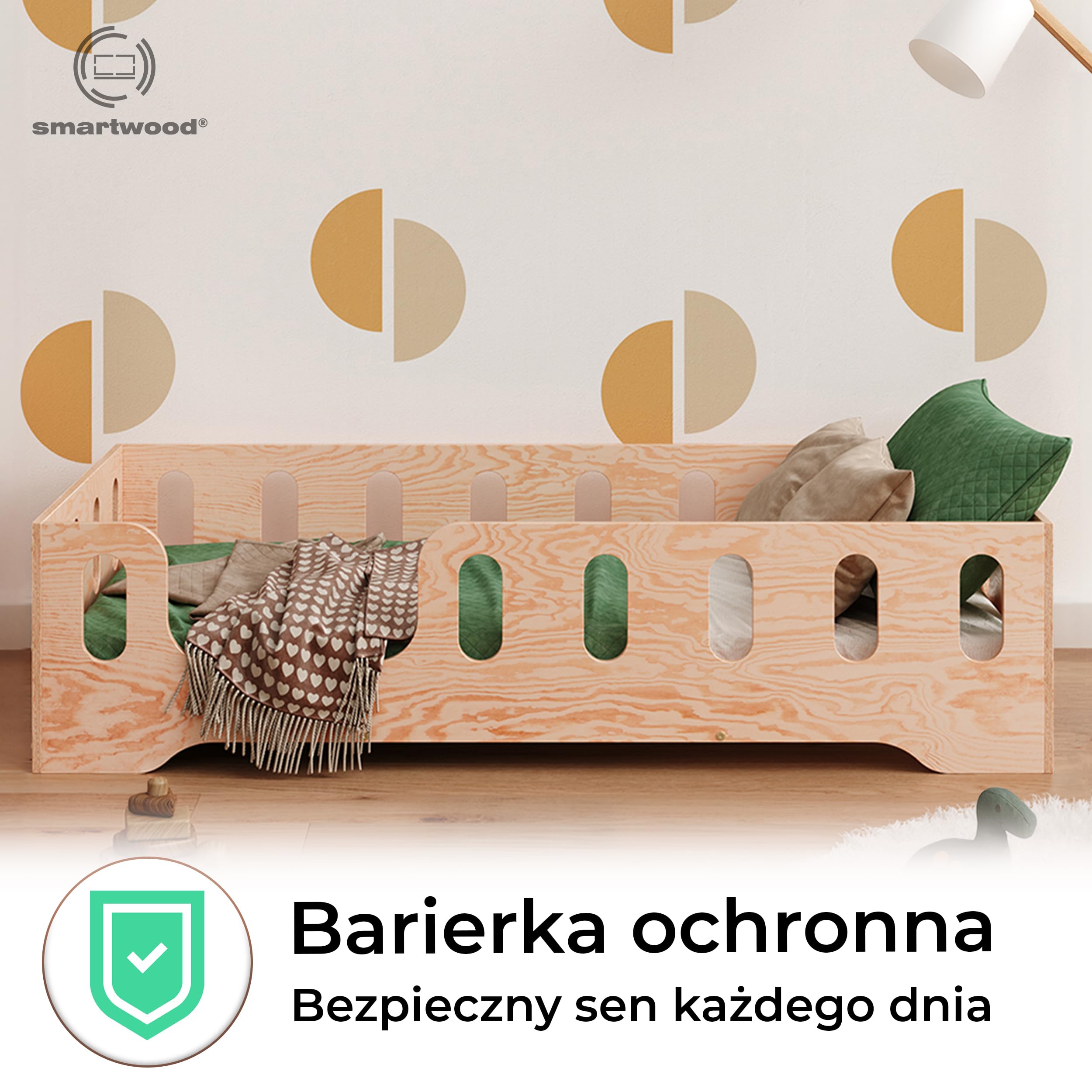 smartwood Łóżko Dziecięce 90x200 Drewniane z Barierką i Stelażem - TILA 2L - Naturalne Łóżko Podłogowe Jednoosobowe Dla Chłopaka i Dziewczynki - Łatwy Montaż oraz Udźwig do 230 kg