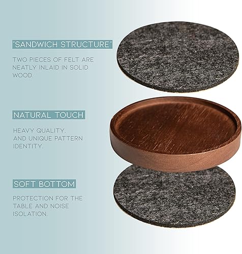 Miniatura 3 de Posavasos de madera para bebidas, 4.3 pulgadas, juego de 6, portavasos apilables de fieltro absorbente y aislante, posavasos para mesa de madera,