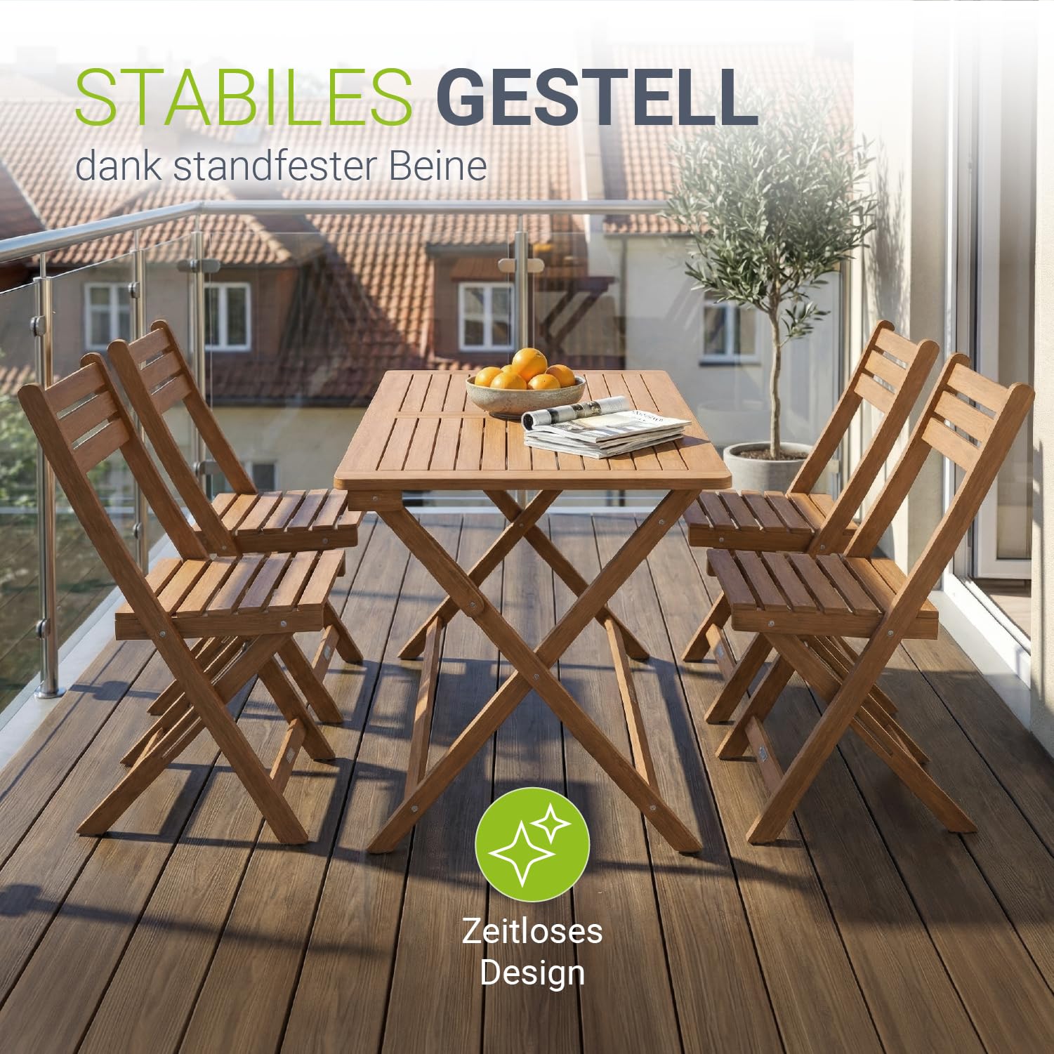 Juskys® Gartenmöbel Set Rimini - Natur, Akazie Holz, inkl. 4er Set Stühle & Tisch, Stabil, Langlebig