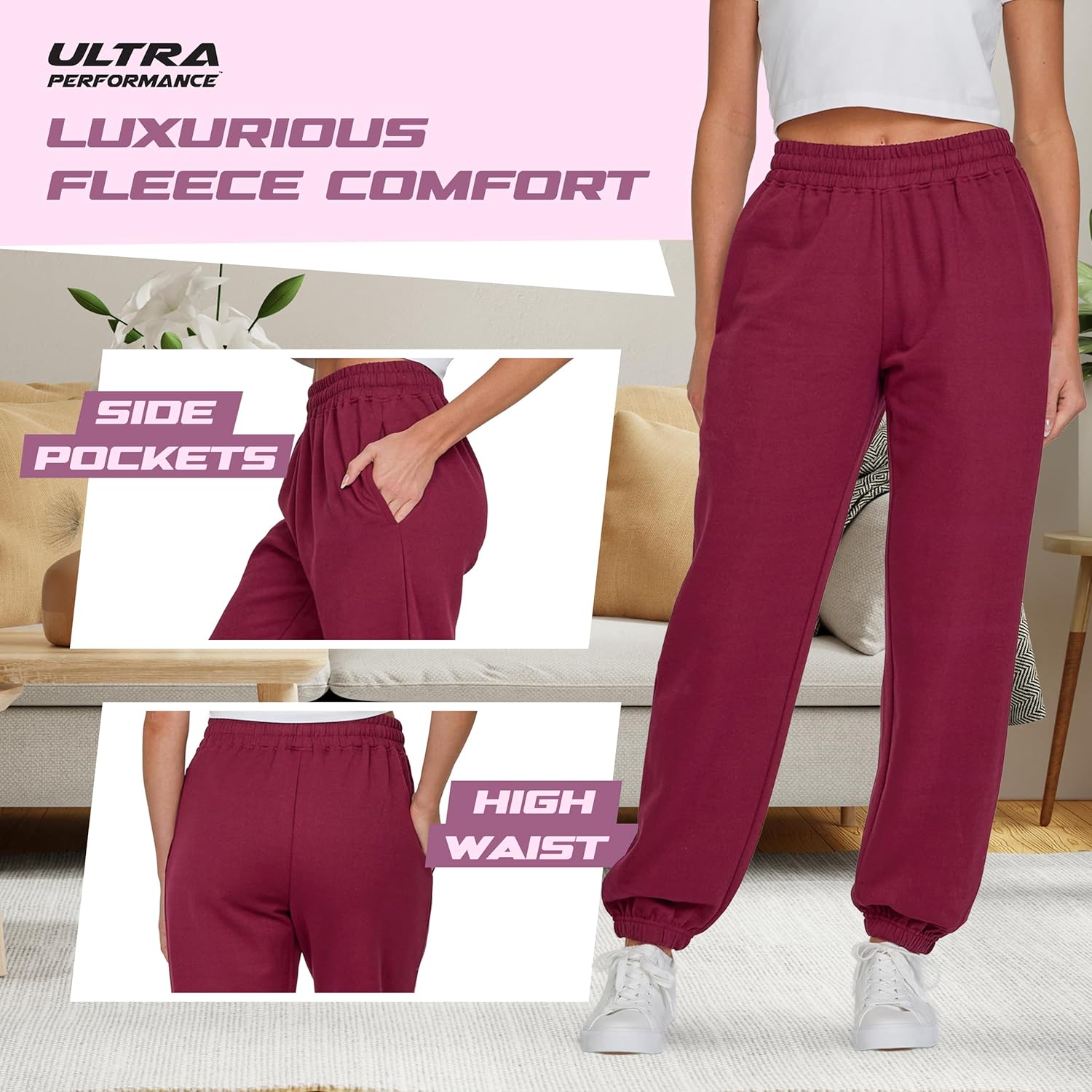 Ultra Performance Womens Sweatpants 3 Pack Cotton Joggers Women's Fleece Sweats Gym & Workout Pants for Women - Image 3