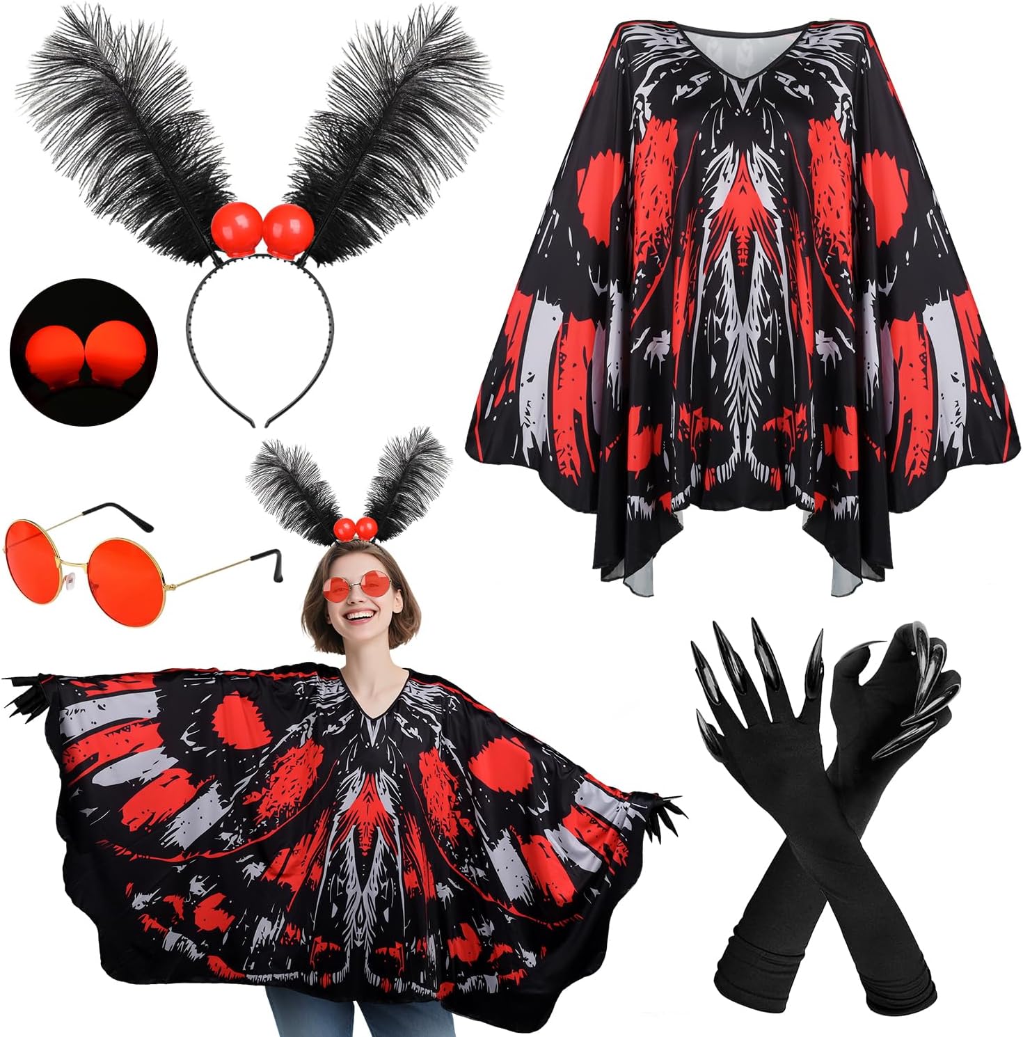 MOVINPE Mothman Costume for Adults Women – Halloween Cryptid Outfit with Wings Cape, Antennae Headband with LED Eyes, Red Glasses, Long-Sleeved Gloves Cosplay Party