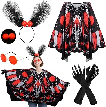 MOVINPE Mothman Costume for Adults Women Halloween Cryptid Outfit with Wings Cape, Antennae Headband with LED Eyes, Red Glasses, Long-Sleeved Gloves Cosplay Party