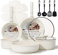 Vista 10 de CAROTE Juego de ollas y sartenes antiadherentes de inducción, juego de utensilios de cocina de 16 piezas, apilables, granito gris pardo