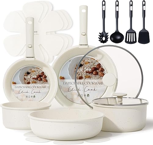 Miniatura 10 de CAROTE Juego de ollas y sartenes antiadherentes de inducción, juego de utensilios de cocina de 16 piezas, apilables, granito gris pardo