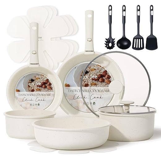 CAROTE 17pcs Pots and Pans Set, Nonstick Cookware Set Detachable Handle, Induction Kitchen Cookware Sets Non Stick with Removable Handle, RV Cookware Set, Oven Safe