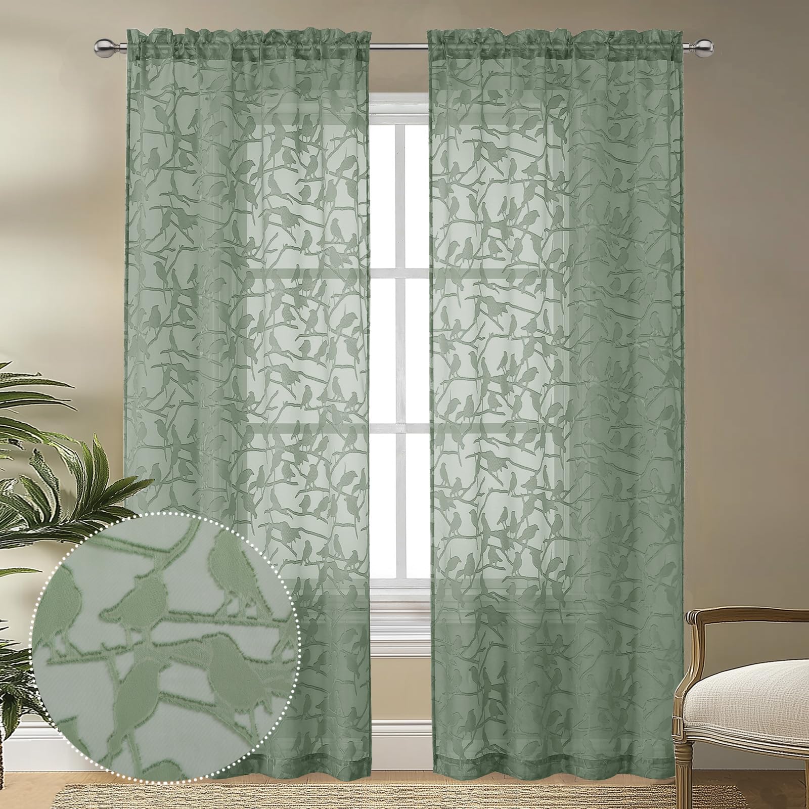 OVZME Anji Textured Sage Green Sheer Curtains 84 inch Length 2 Panels Set for Living Room, Bird Semi Voile Balance Privacy & Light Rod Pocket Elegant Jacquard Sheer Curtain for Bedroom, 38Wx84L