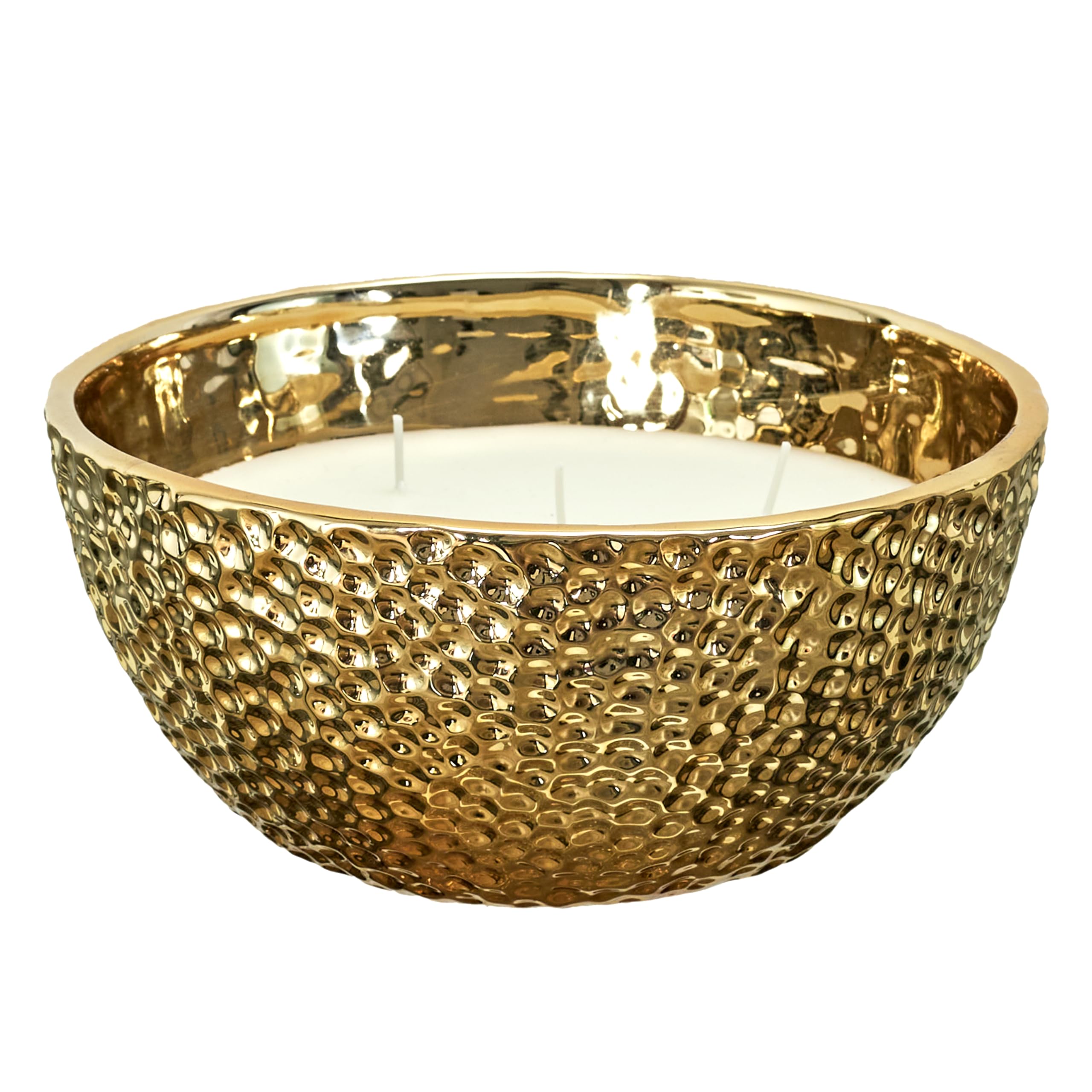 HOME DECO FACTORY - BO5486 Vela Perfumada Martillada Dorada 5 Mechas - Aroma Ámbar - Cera de Parafina - Tarro de Cerámica - Tiempo de Combustión 25h - Ø 21 cm - Color Amarillo