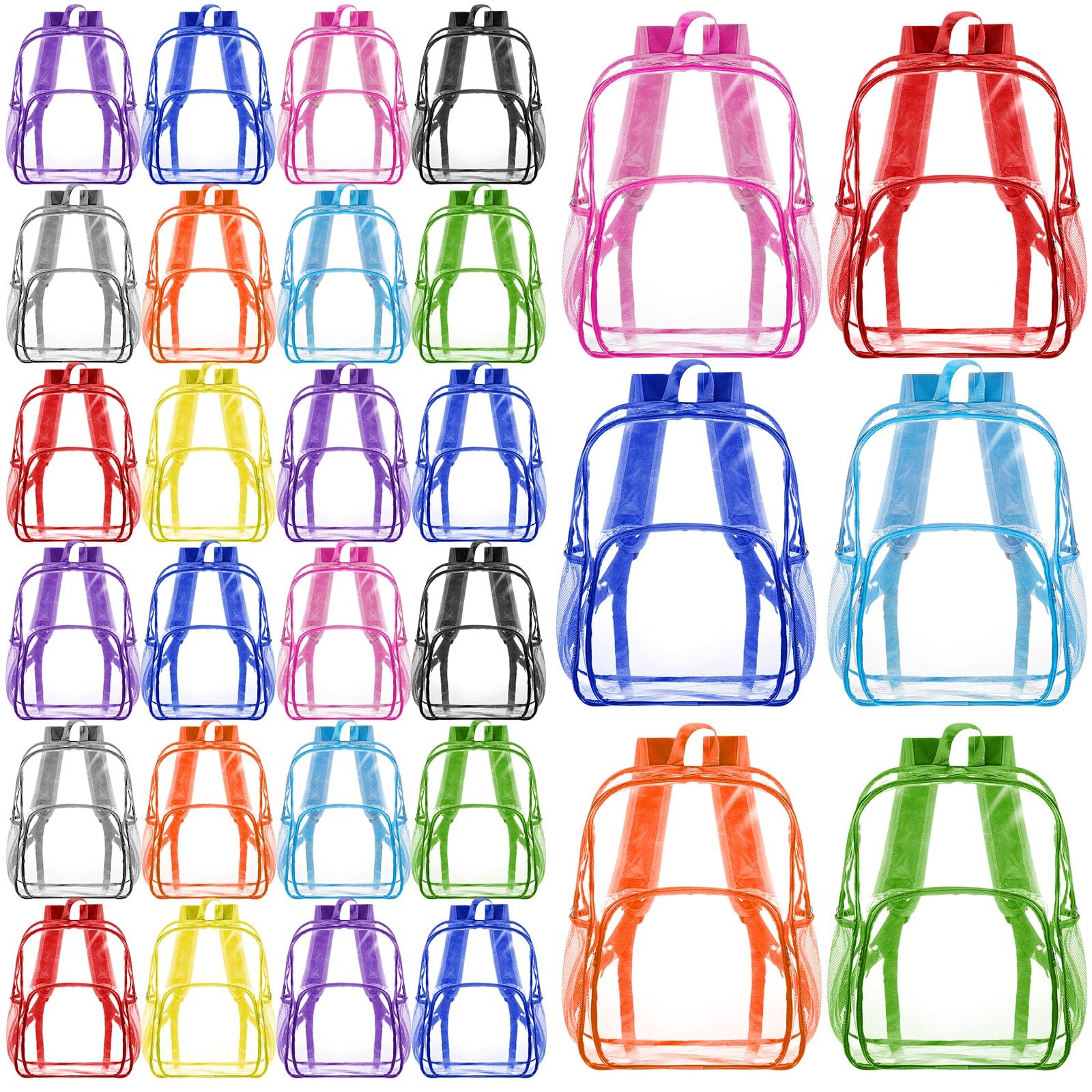 Amylove 24 Pcs Clear Backpack bulk for Stadium Events Heavy Duty PVC Transparent Bookbag for College Workplace Security (15 Inches,Assorted 10 Colors)