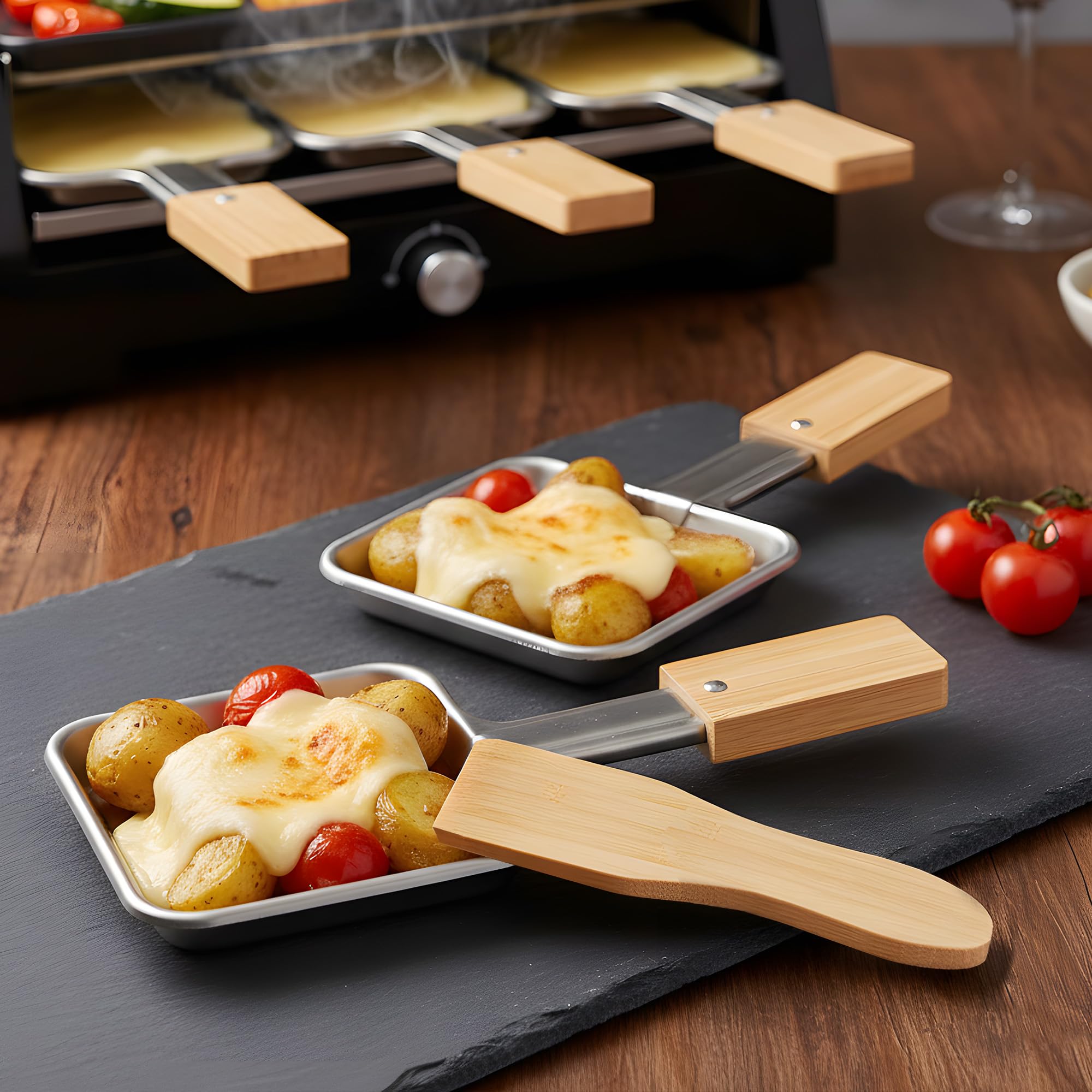 4er Set Edelstahl Raclette Pfännchen Quadratisch mit Extra Langem Griff und Bambusgriff, 4 Bambus Spatel, Ohne Beschichtung, Große Raclette Grillpfannen, Ersatz Zubehör