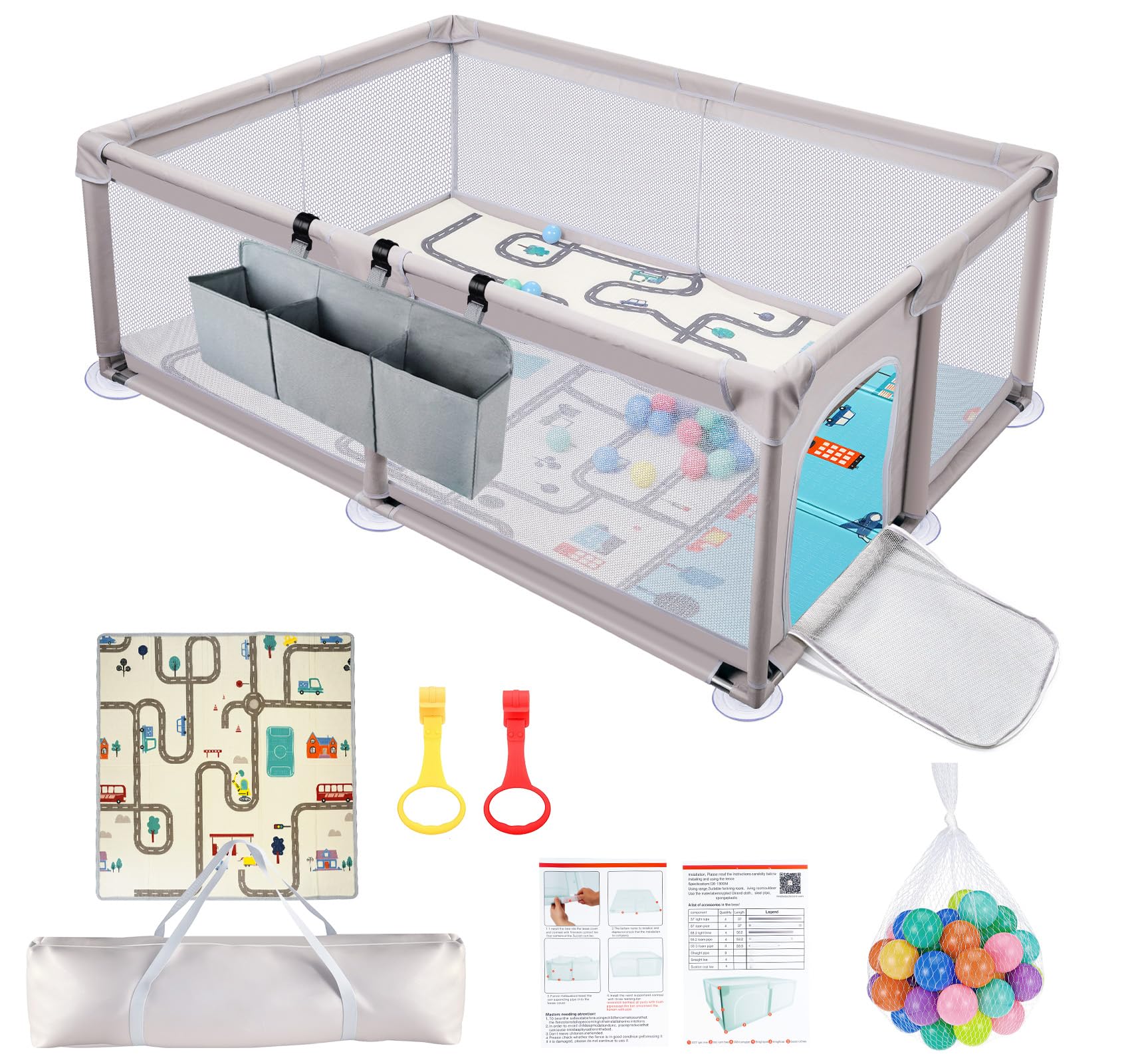 Lindahandel Laufstall Baby 120x180 cm mit Aufbewahrungstasche(3 Fächern),Laufgitter Baby mit Matratze,600D Oxford Faltbar Playpen mit 50 Bunte Bälle–Der sichere Spielpark für Kind