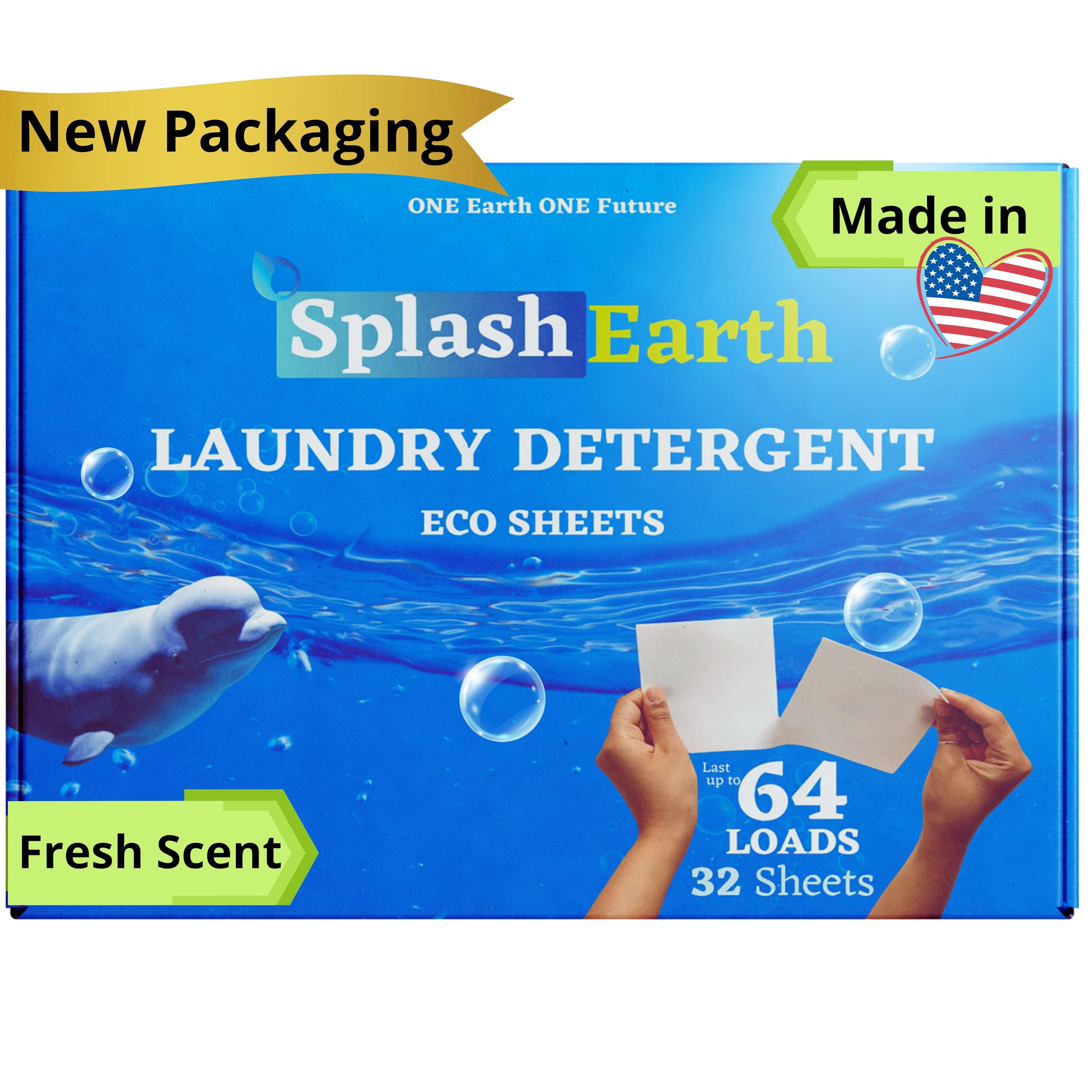 Laundry Detergent Sheets Made in USA (64 Loads, Fresh Scent), Eco-Friendly Washer Sheets Detergent, Plastic-Free Travel Laundry Soap, 32 Strips