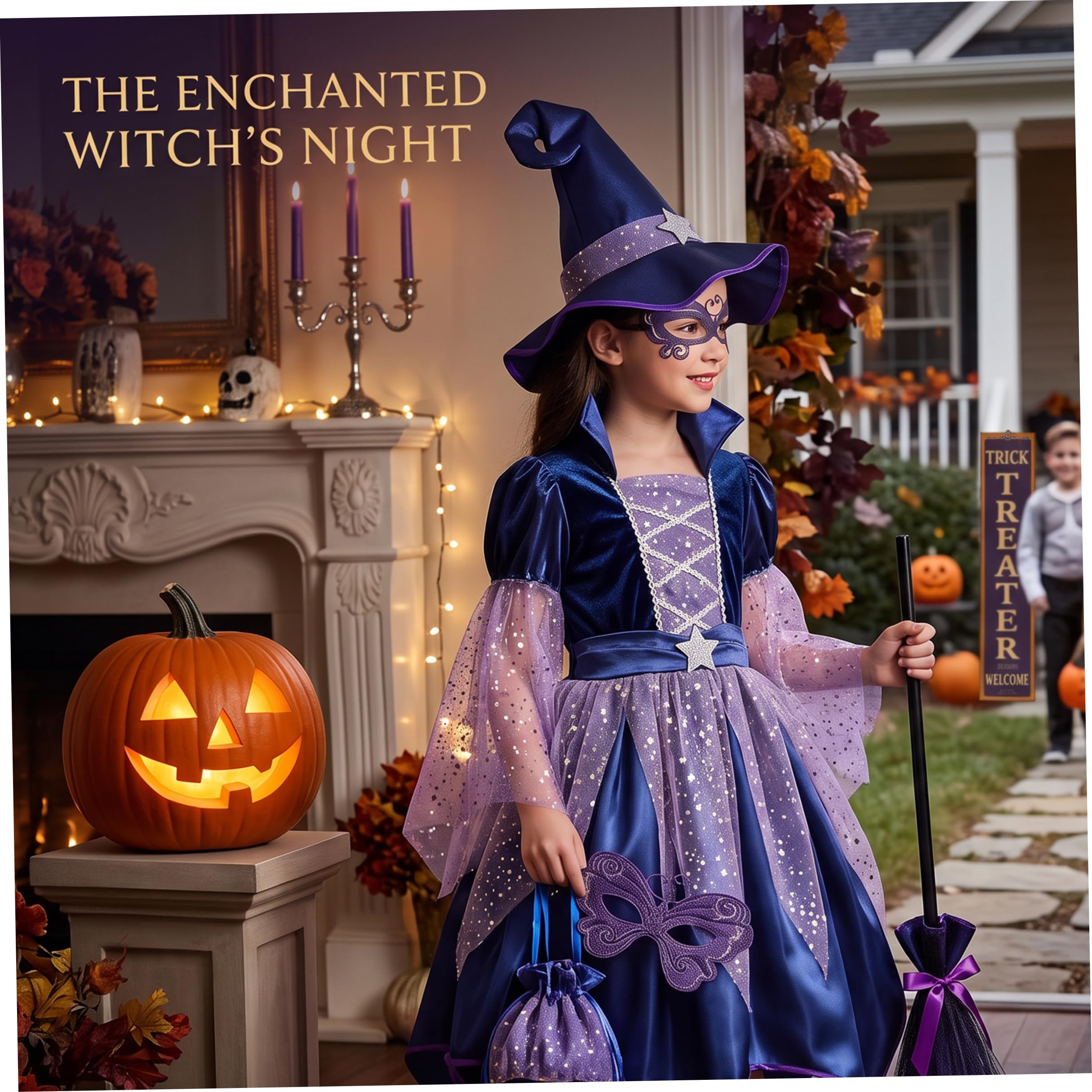 Costume da strega per ragazze, 1 set Costume da strega in velluto glitterato con rete, per Halloween Dress Up, M