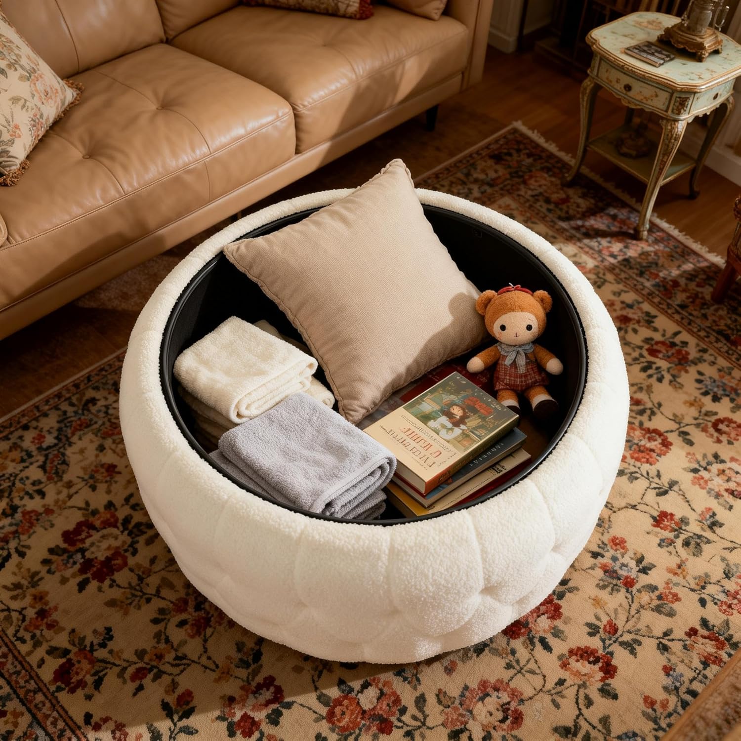 30 Inches Large Round Storage Ottoman, Modern Upholstered Ottoman Coffee Table, Wooden Top, Soft Teddy Fabric Surface, for Living Room, Bedroom, Classic Tufting, White