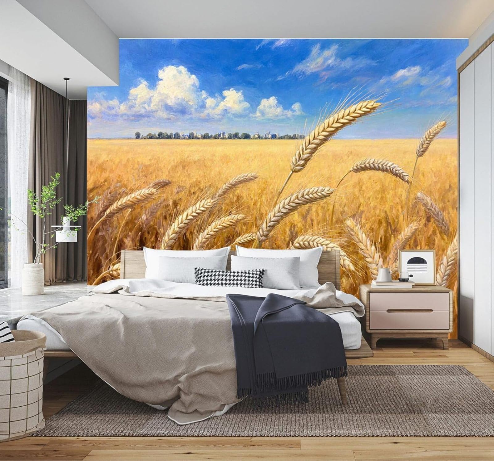 3D Carta da Parati Campo Di Grano Dorato Cielo Azzurro Nuvole Bianche