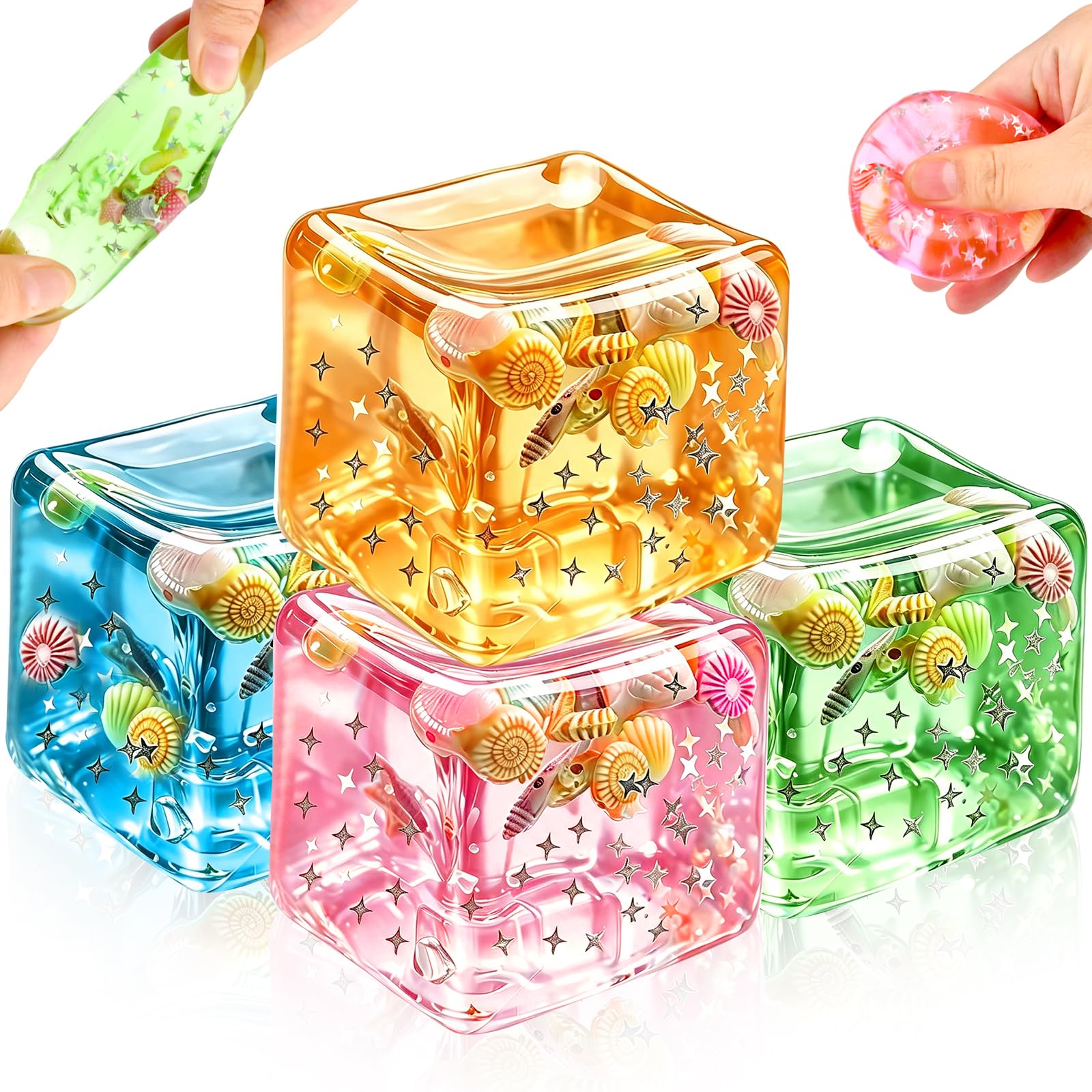 4 Pcs Ice Cube Squishy, Ocean Shells Squishy Fidget Toys