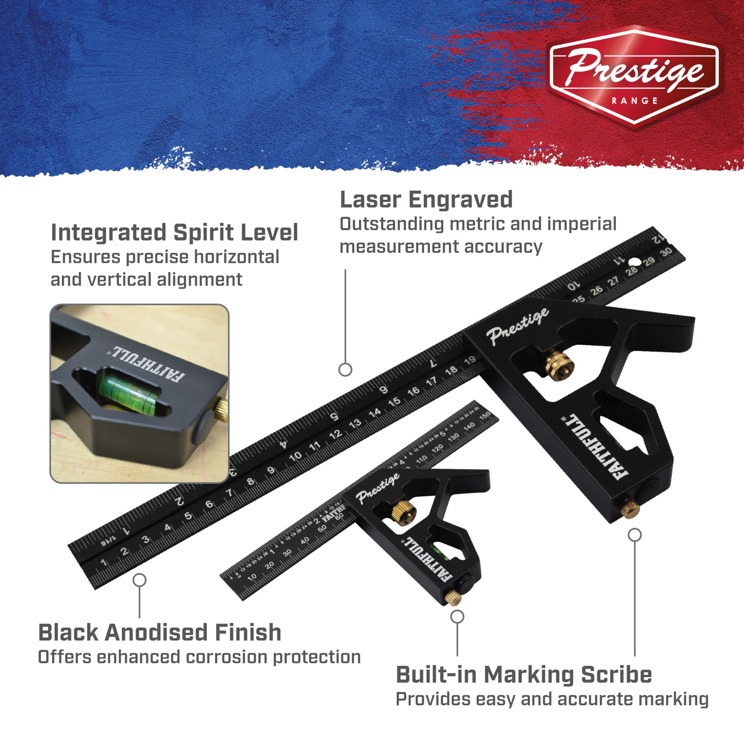 Faithfull Prestige Kombinationswinkel Doppelpack, Schwarz, Aluminium, 150 mm (6 Zoll) & 300 mm (12 Zoll) – Multifunktionales Mess- und Anreißwerkzeug mit Wasserwaage und Anreißnadel
