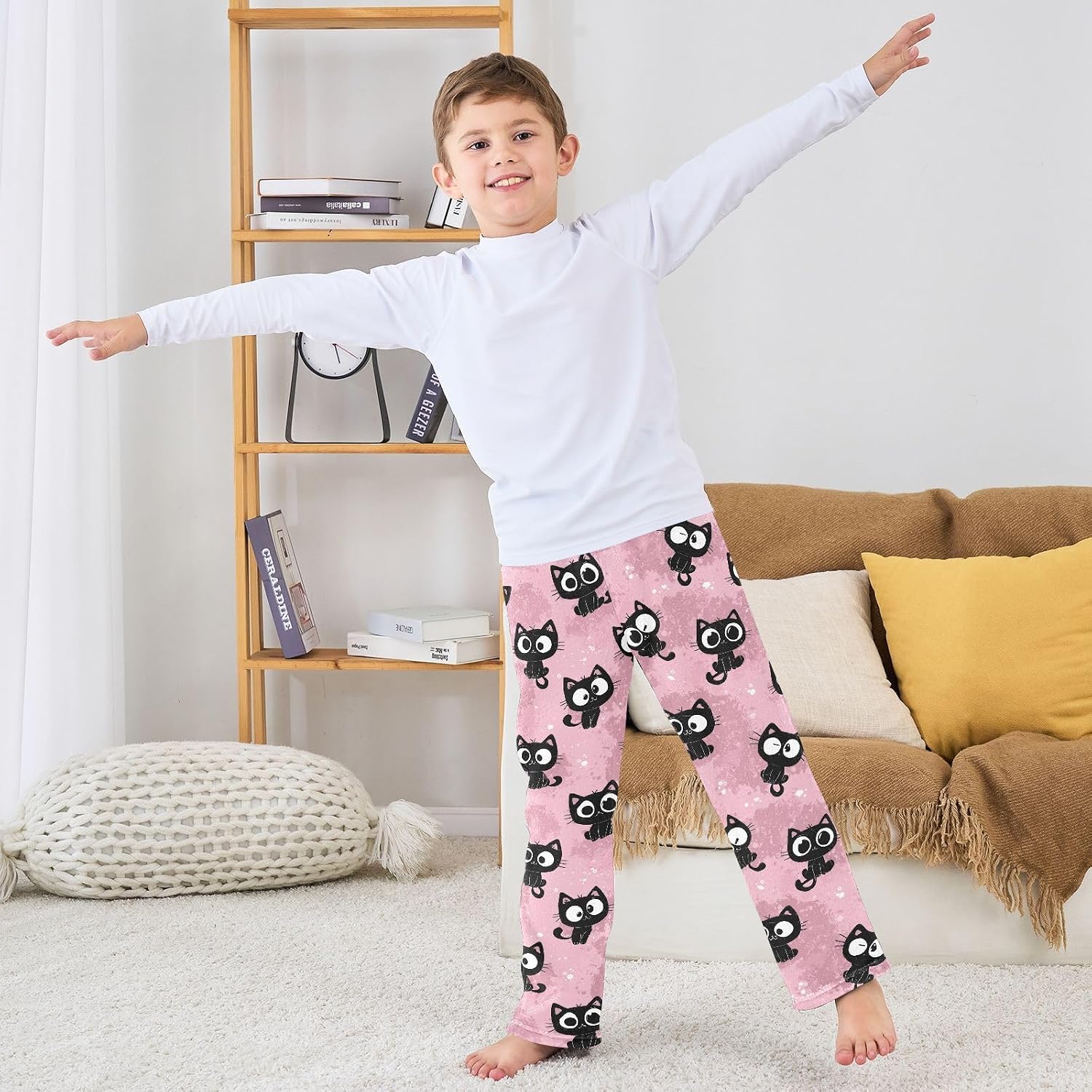 Cute Cats Pink Pattern Boys Pants for Kids Fleece Bottoms Long Jogger Pants Trousers with Pockets Size 6-14Y