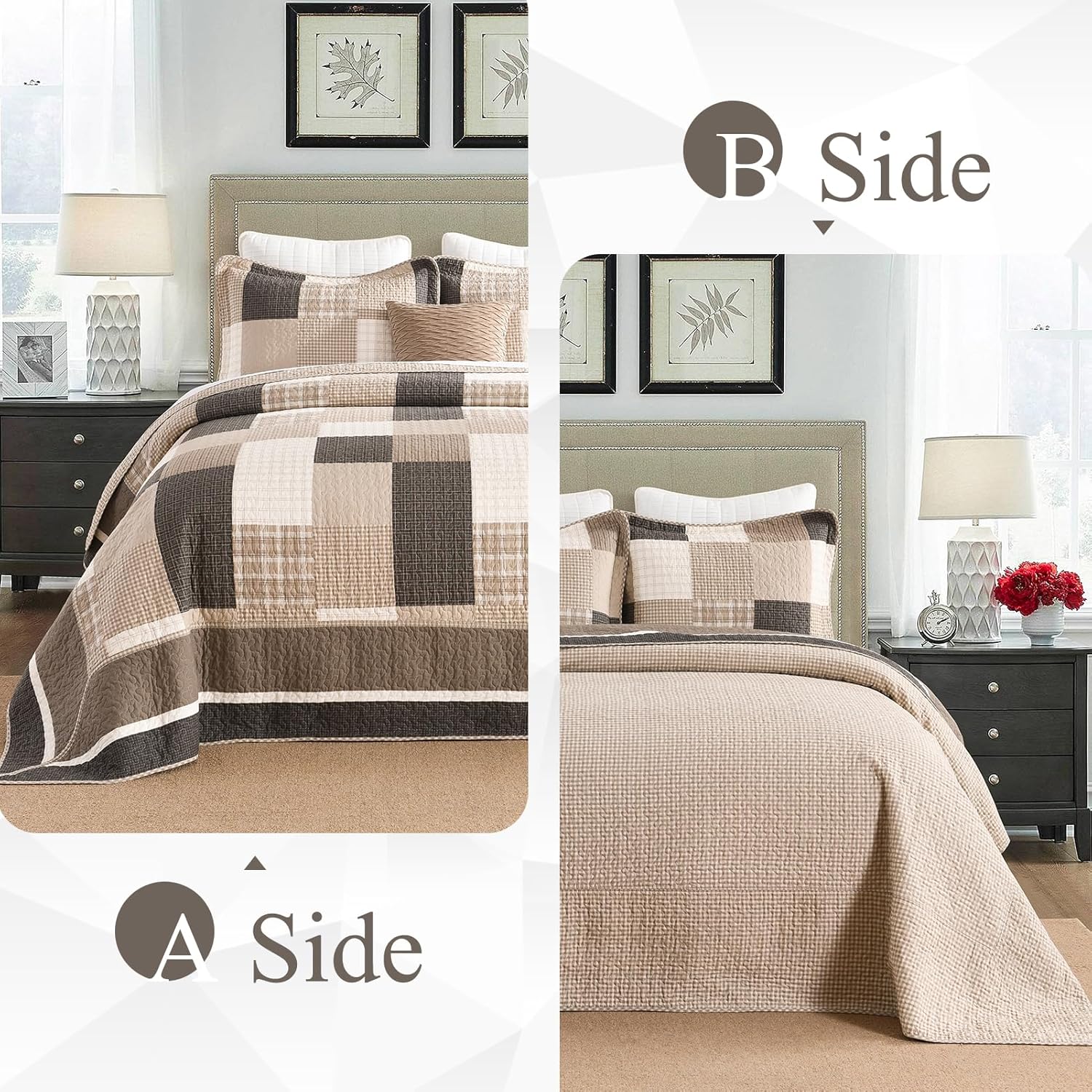 Oversized King Bedspread 128"x120" - 100% Cotton Lightweight California King Quilt with 2 Pillowshams, Farmhouse Plaid Extra Wide Quilted Bedding Bed Spreds Coverlet, Brown/Beige/Oatmeal