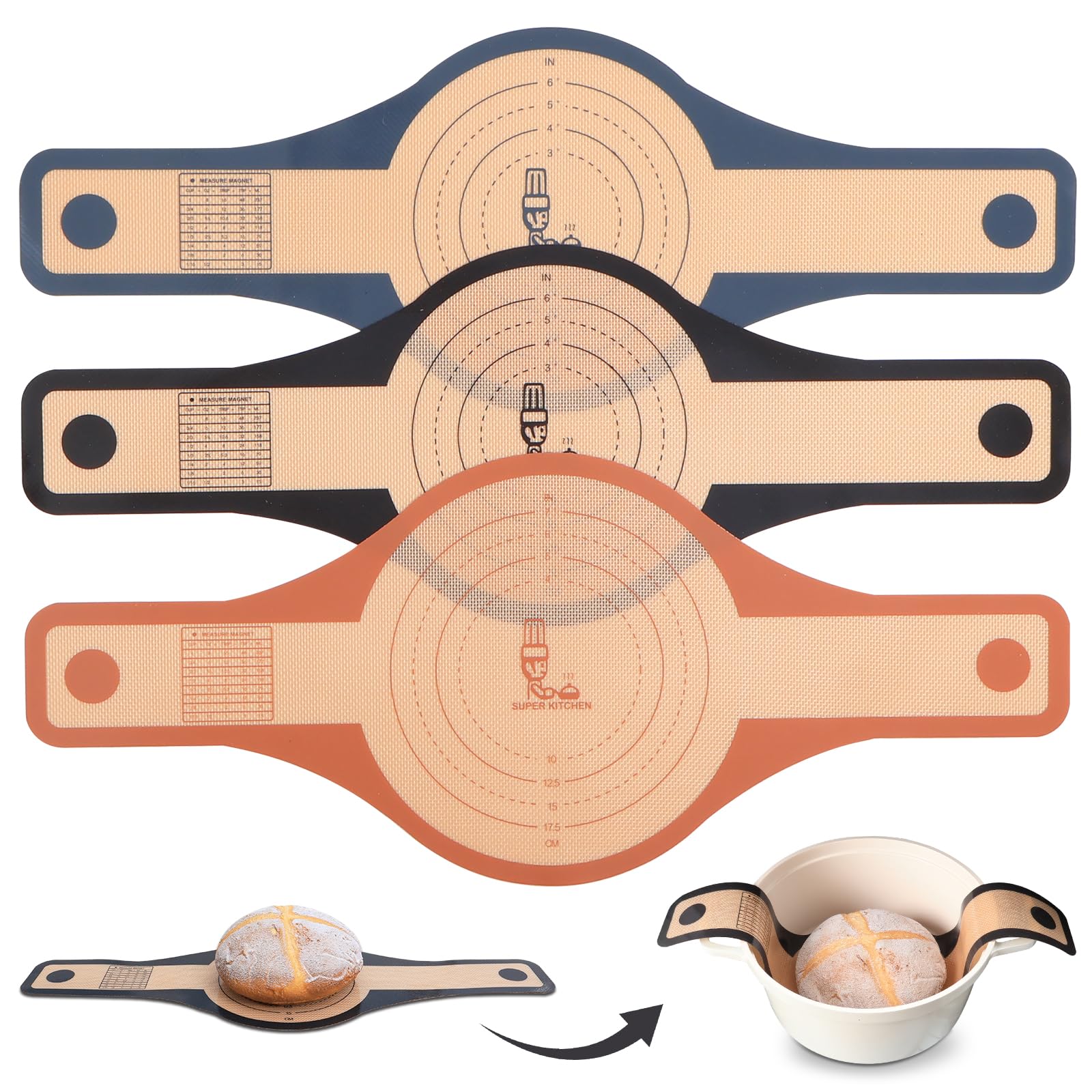 SUPER KITCHEN 3PCS 2Größe 24cm&21cm Silikon Brotschlinge mit Extra Breiten und Langen Griffe, Antihaft Silikon Backmatte Brot für Dutch Oven, Wiederverwendbare Brotbackmatte (Schwarz,Dunkelgrau,Braun)
